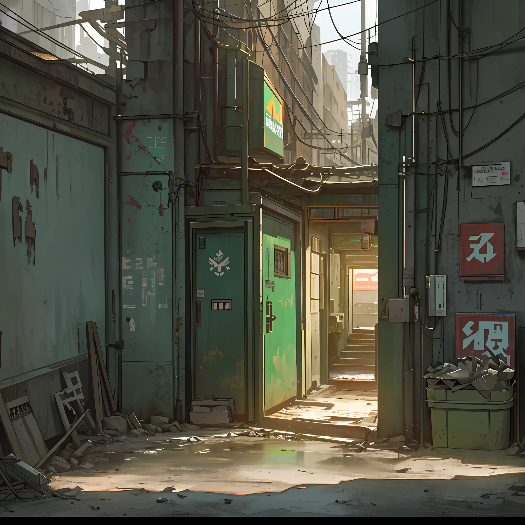 hyperrealistic and very detailed illustration of the entrance of a road tunnel, point of view from the outside, image very loaded with objects, point of view from below, dirty and cracked concrete stairs, green wastebasket, metal signs, seats, cables, pole, pastel blue telephone booth, rusty guardrails, white and pastel yellow walls, pallet,  empty boxes, damaged wall paint, some garbage on the floor, metal and rusty scrap, damaged vehicle parts, very detailed advertisements on the neon wall, spotlight lights (very radiant), artificial and sterile environment, dark gray day, dense fog, very dark landscape shadows, red and green neon lights, snowy day, snow all over the landscape,  humidity, puddles of water reflecting light