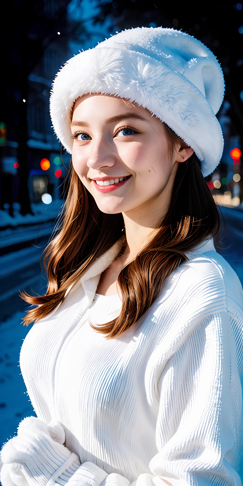 FRW, Very detailed CG Unity 8k wallpaper, a cute 18-year-old cute blonde Polish woman, a beautiful girl, a wonderful goddess, hot maiden, big breasts, blue eyes, pale skin (a masterpiece, beautiful person, well detailed face polluted smile, photorealistic, hyperrealistic), white cold clothes, fuzzy white cap, white blouse, wearing white gloves, rubbing hands warming up in a snowy street (blue open sky),  and smiling (light lighting).