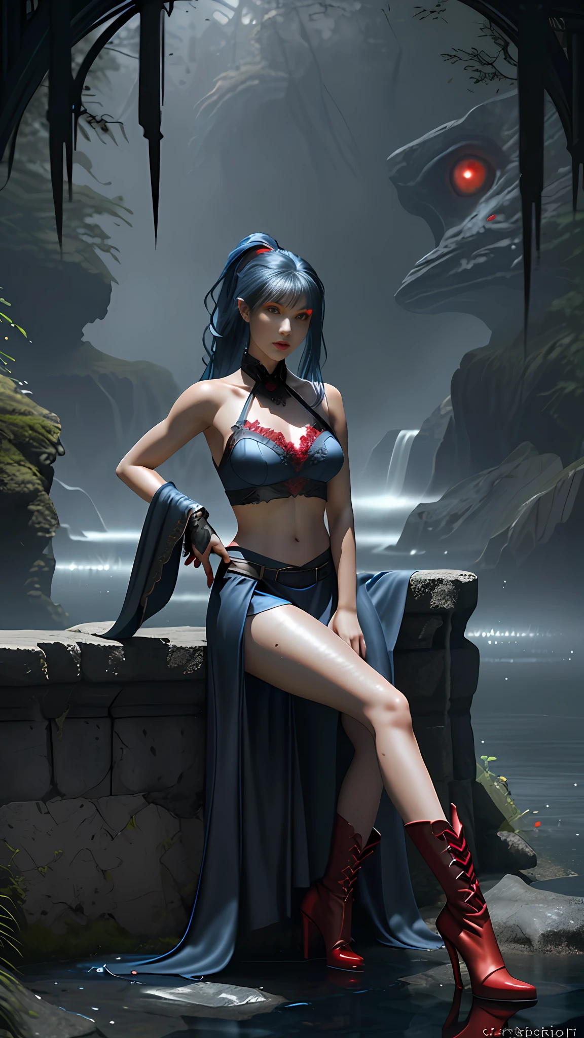 Perfect waist cut, Large breasts, Warrior girl with a scimitar on hand, Skimpy organza clothes ,dark blue hair with red highlights, (perfect nose), Seductive gaze, Boots on high heels (Best Illustration), 8k Resolution, Intricate Details, Best Quality, Realistic, Ultra Detailed, Best Lighting, Best Shadows, Ultra HD, A Necromancer style, Night, Magic, Dark Style, Vampire, (shining red eyes:1.6), masterpiece, high_res, Beautiful face, tyndall effect, photo realistic, (high detailed skin:1.2), 8k uhd, dslr, high quality, Photograph, high resolution, 4k, 8k, Bokeh, absurdres, ponytail contorted, best ratio four finger and one thumb, front view, dark blue hair gorgeous, perfect proportional skinny fitness body, full body view, wet skin, wet clothes, dark cathedral baground scenery, huge bobs, belly muscle, long fit perfect legs, fishnet Stockings,