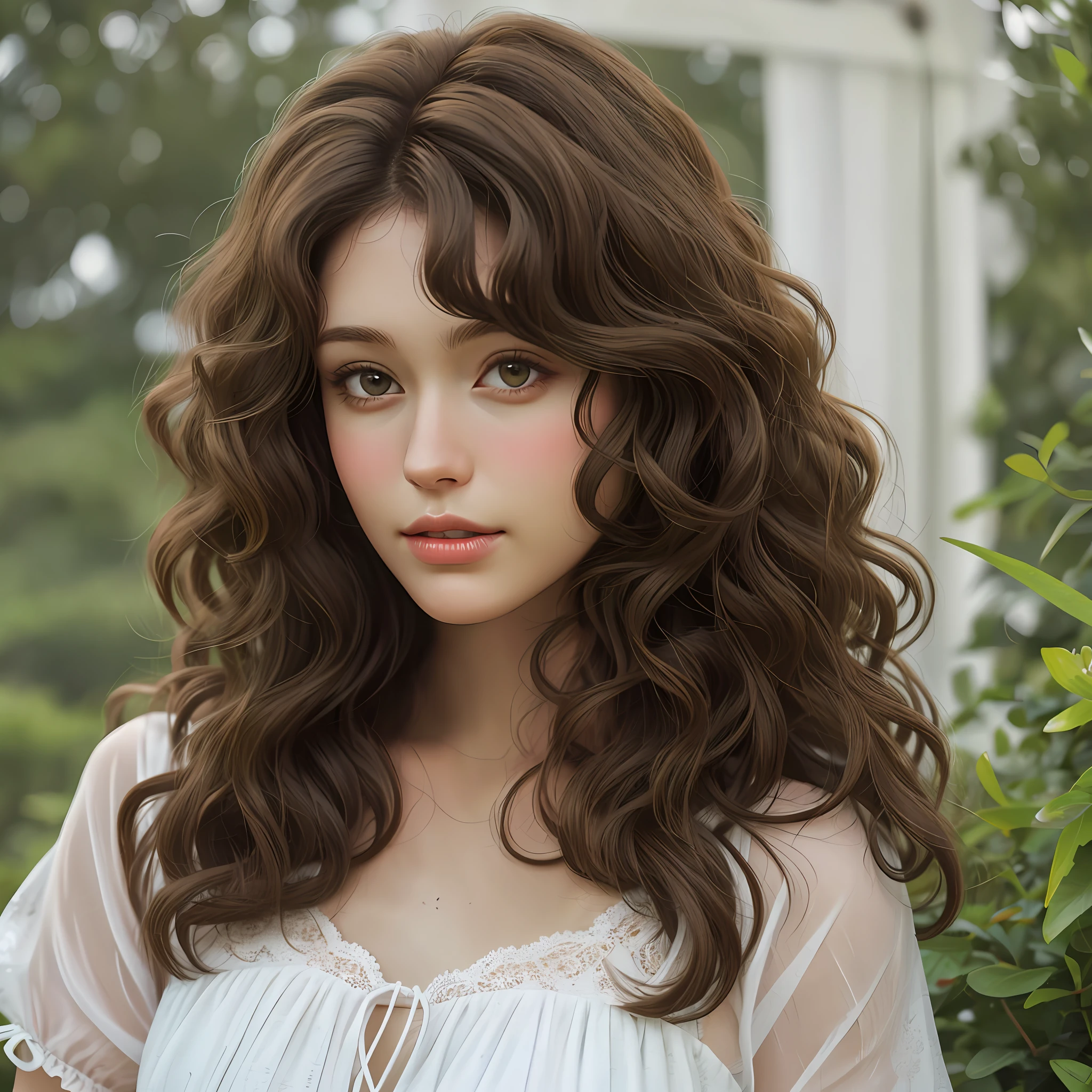 Brunette (realistic) , curly hair (realistic),four (best quality)