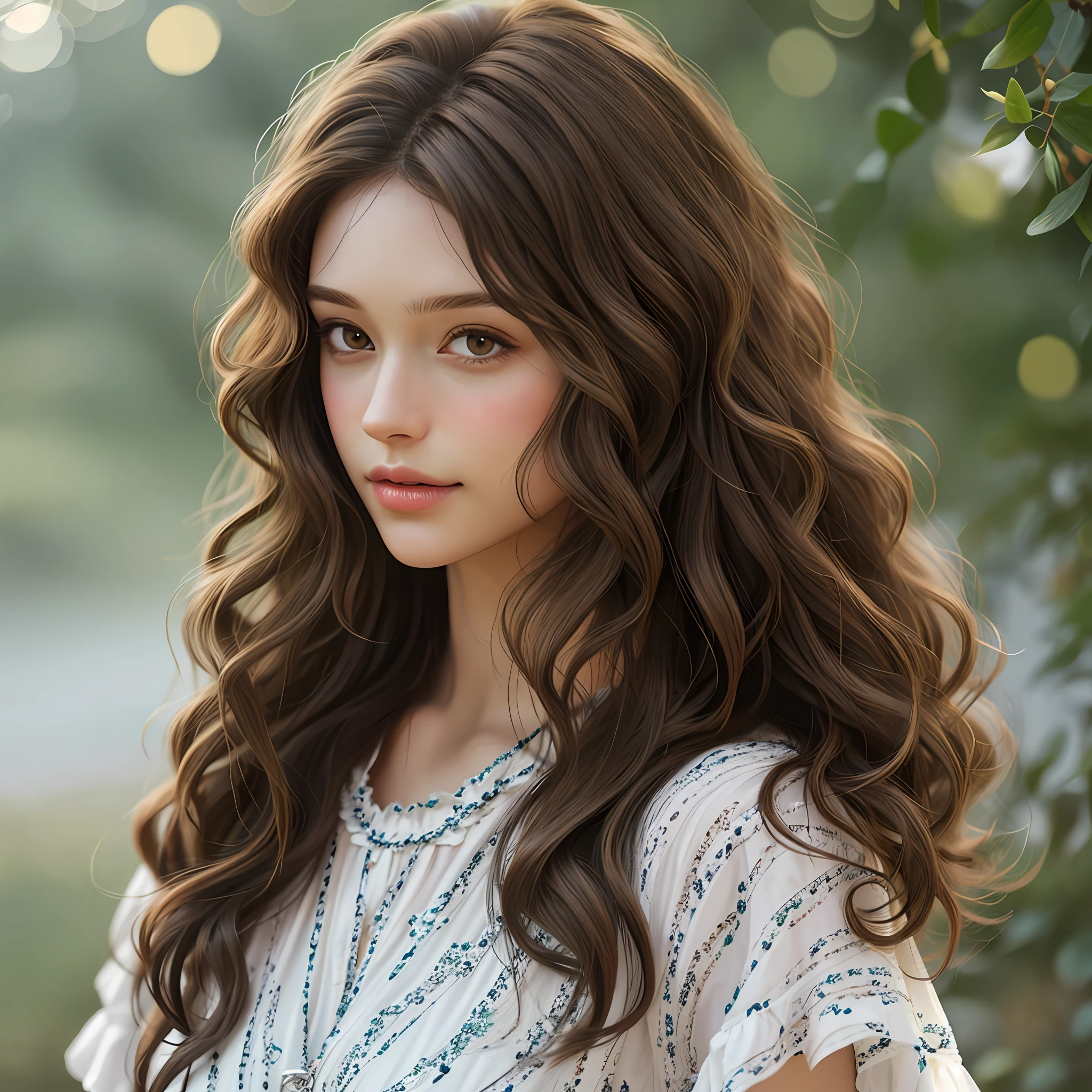 Brunette (realistic) , curly hair (realistic),four (best quality)