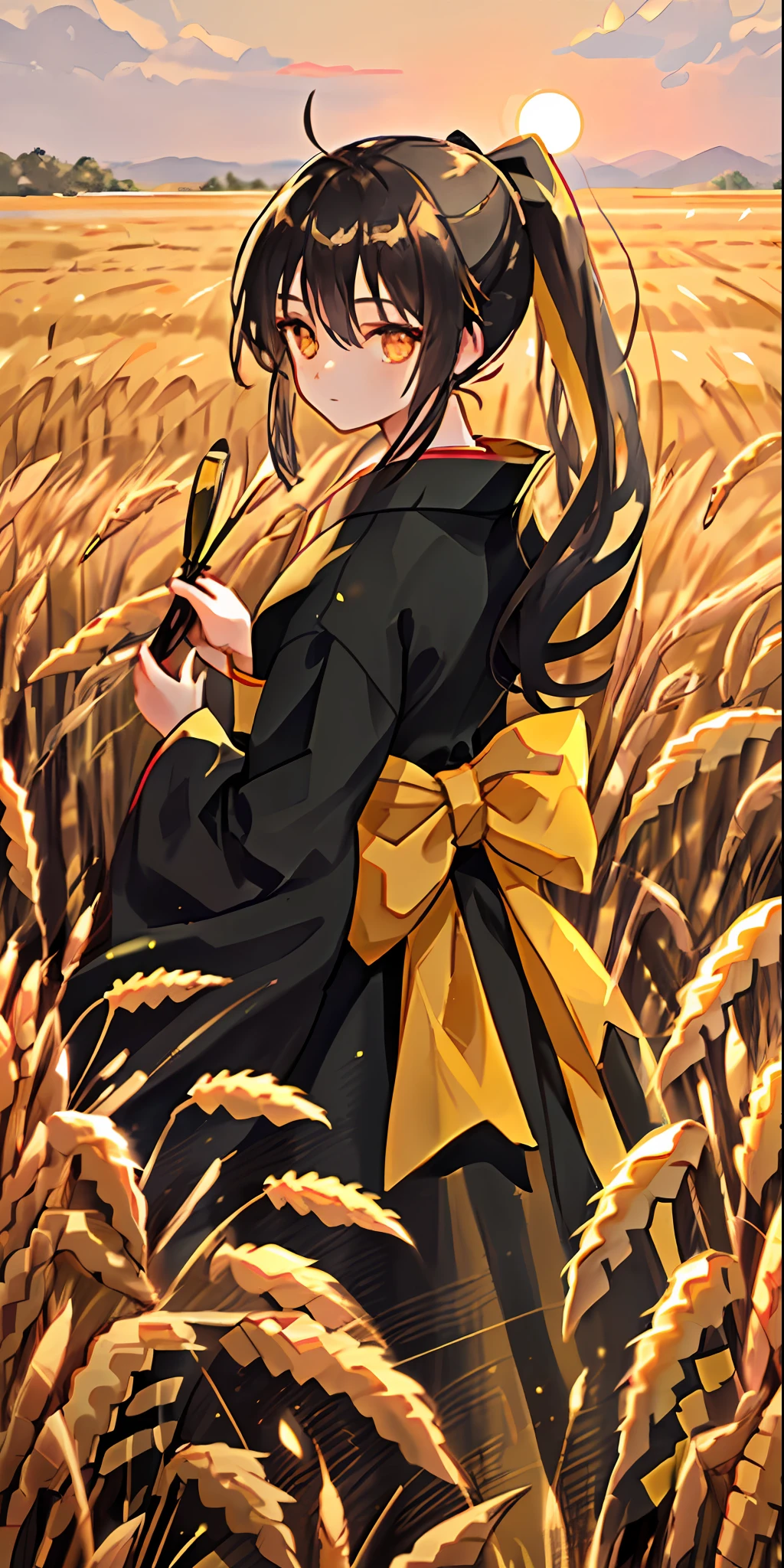 A girl in a kimono with a blank look stands waist-deep in a field of wheat, a black kimono with gold edges, her hair is tied in a ponytail, yellow eyes, the sunset is reflected in her eyes, the light falls on her face, half-sideways to the camera