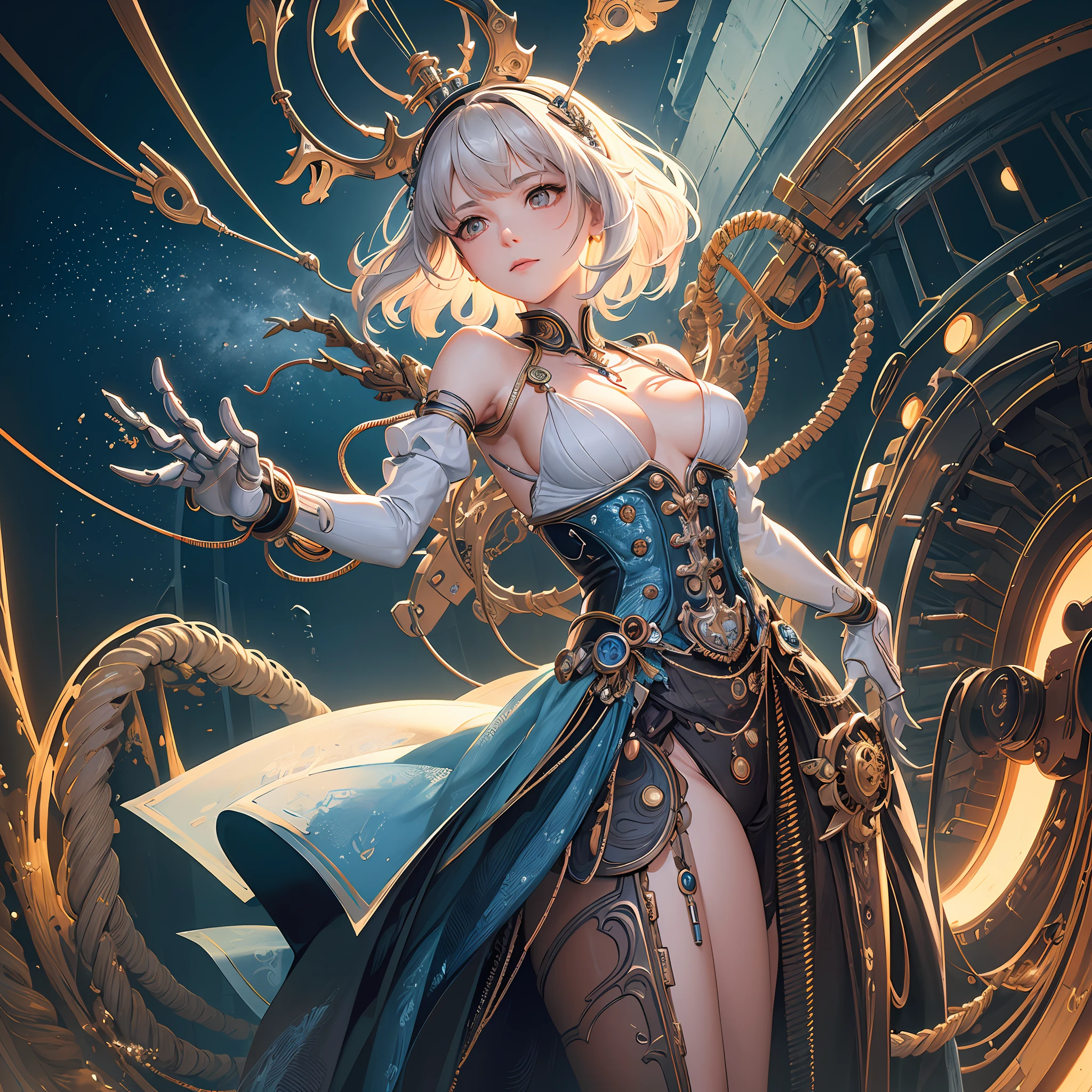 (((masterpiece))), (((best quality))), ((ultra-detailed)), (highly detailed CG illustration), ((an extremely delicate and beautiful)),cinematic light,((1mechanical girl)),solo,(cowboy shot:1.2),(machine made joints:1.2),((machanical limbs)),(blood vessels connected to tubes),(mechanical vertebra attaching to back),((mechanical cervial attaching to neck)),expressionless,(wires and cables attaching to neck:1.2),(wires and cables on head:1.2),(character focus),science fiction,extreme detailed,colorful,highest detailed, loongs,fengs,background,