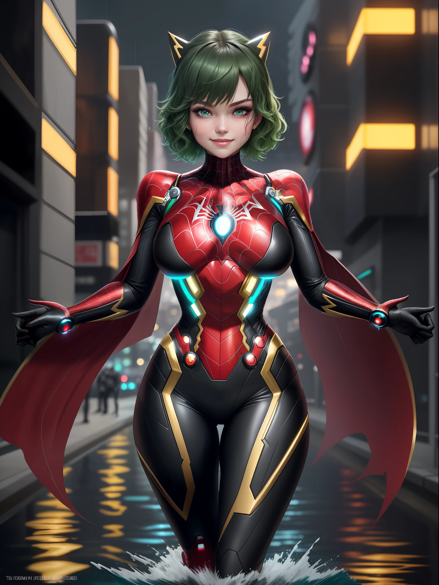 full body photo, 1 female, ((very tight body cosplay in black with gold accents,,like Spiderman/Ironman/Kamen Rider/Ultraman)), feet on the ground, huge breasts, looking at the viewer , (short green hair and blue eyes: 1.5), blue thunder behind her, she is in a futuristic city at night raining with full moon, her body and hair are soaked with water, makeup, evil smile, blush, anime, 16k, highres, best quality, high details, UHD, masterpiece