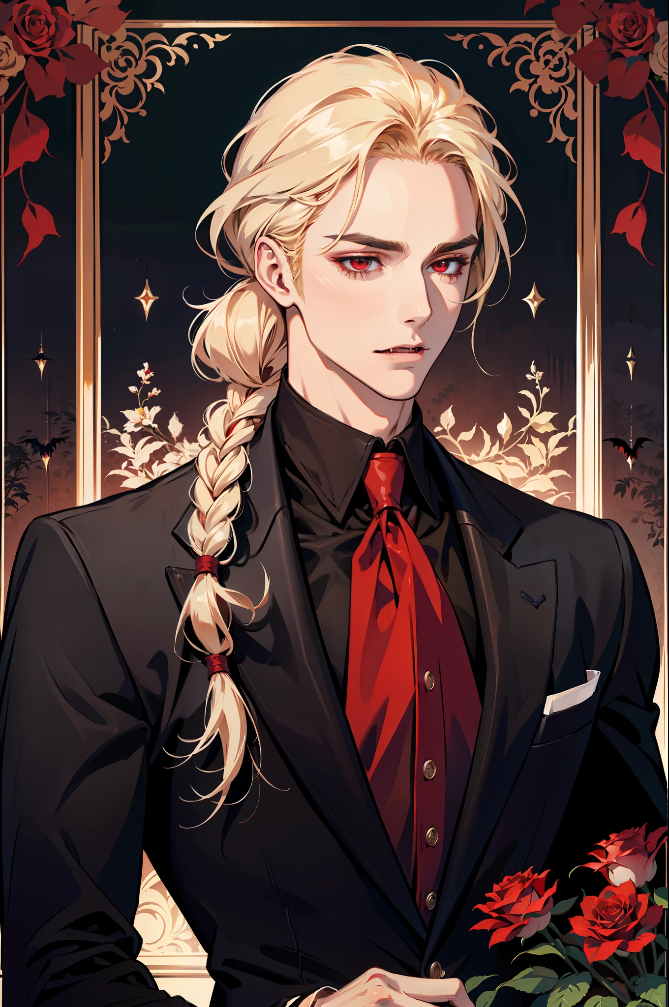 (absurdres, highres, ultra detailed), 1 male, adult, handsome, tall muscular guy, broad shoulders, finely detailed eyes and detailed face, blonde long braided hair, red eyes, handsome, suit, fantasy, uniform, royal, gothic, vampire, flowers blooming brightly-bloomed flowers, red roses, Sunlight, Fantastic light and shadow, Scenery, portrait, vampire fangs, open mouth, sexy, attractive, offering a red rose