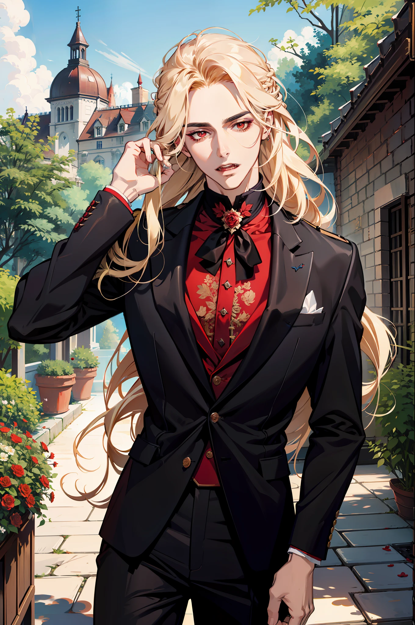(absurdres, highres, ultra detailed), 1 male, adult, handsome, tall muscular guy, broad shoulders, finely detailed eyes and detailed face, blonde long braided hair, red eyes, handsome, suit, fantasy, uniform, royal, gothic, vampire, flowers blooming brightly-bloomed flowers, red roses, Sunlight, Fantastic light and shadow, Scenery, portrait, vampire fangs, open mouth, sexy, attractive, offering a red rose