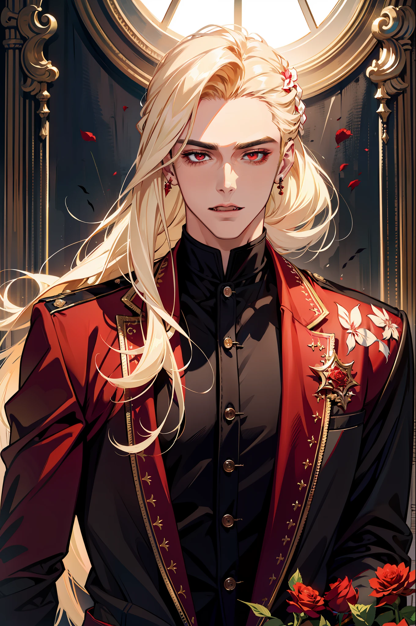 (absurdres, highres, ultra detailed), 1 male, adult, handsome, tall muscular guy, broad shoulders, finely detailed eyes and detailed face, blonde long braided hair, red eyes, handsome, suit, fantasy, uniform, royal, gothic, vampire, flowers blooming brightly-bloomed flowers, red roses, Sunlight, Fantastic light and shadow, Scenery, portrait, vampire fangs, open mouth, sexy, attractive, offering a red rose