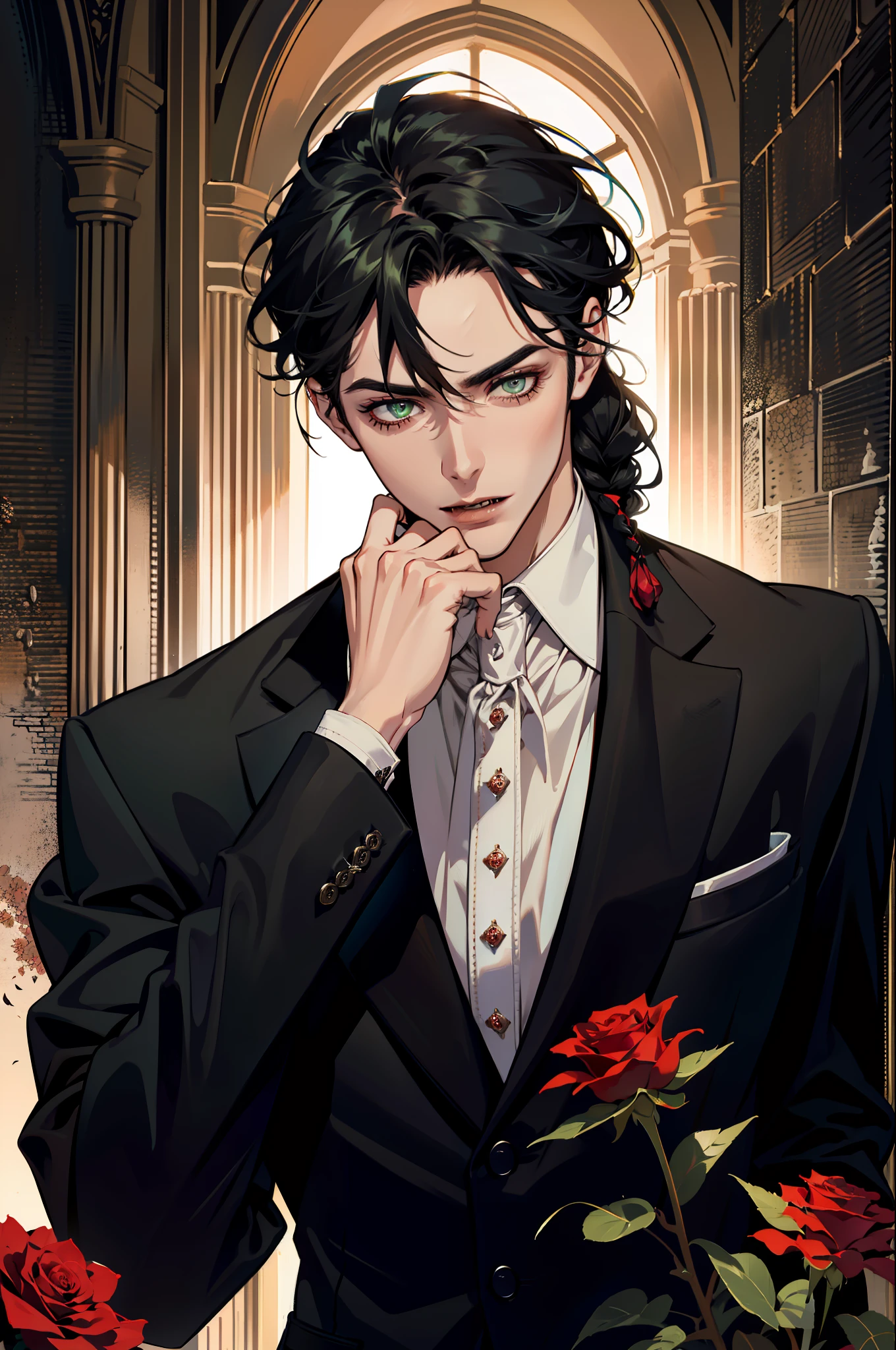 (absurdres, highres, ultra detailed), 1 male, adult, handsome, tall muscular guy, broad shoulders, finely detailed eyes and detailed face, black long braided hair, green eyes, handsome, suit, fantasy, royal, gothic, vampire, flowers blooming brightly-bloomed flowers, red roses, Sunlight, Fantastic light and shadow, Scenery, portrait, vampire fangs, open mouth, sexy, attractive, offering a red rose, sexy