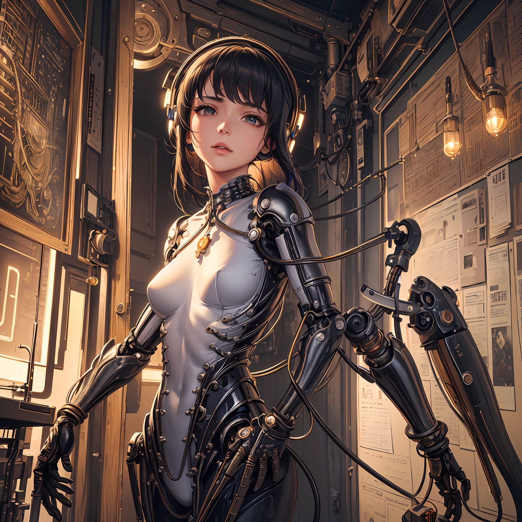 (((masterpiece))), (((best quality))), ((ultra-detailed)), (highly detailed CG illustration), ((an extremely delicate and beautiful)),cinematic light,((1mechanical girl)),solo,(cowboy shot:1.2),(machine made joints:1.2),((machanical limbs)),(blood vessels connected to tubes),(mechanical vertebra attaching to back),((mechanical cervial attaching to neck)),expressionless,(wires and cables attaching to neck:1.2),(wires and cables on head:1.2),(character focus),science fiction,extreme detailed,colorful,highest detailed, loongs,fengs,background,