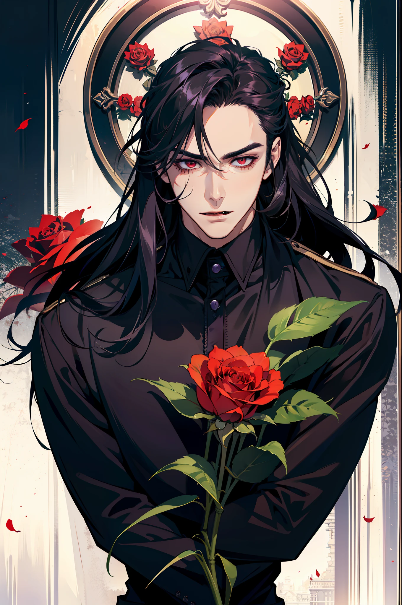 (absurdres, highres, ultra detailed), 1 male, adult, handsome, tall muscular guy, broad shoulders, finely detailed eyes and detailed face, black and purple long hair, red eyes, handsome, suit, fantasy, uniform, royal, gothic, vampire, flowers blooming brightly-bloomed flowers, red roses, Sunlight, Fantastic light and shadow, Scenery, portrait, vampire fangs, open mouth, sexy, attractive, offering a red rose, full body
