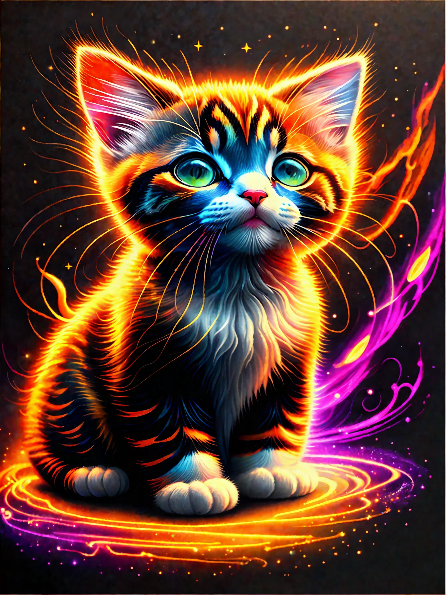a painting of a colorful kitten on a black background,, breathtaking rendering, within a radiant connection, inspired by Kinuko Y. Craft,, magical elements, kitten icon, wow, is beautiful, casting a multi colorful spell, bright flash, flash