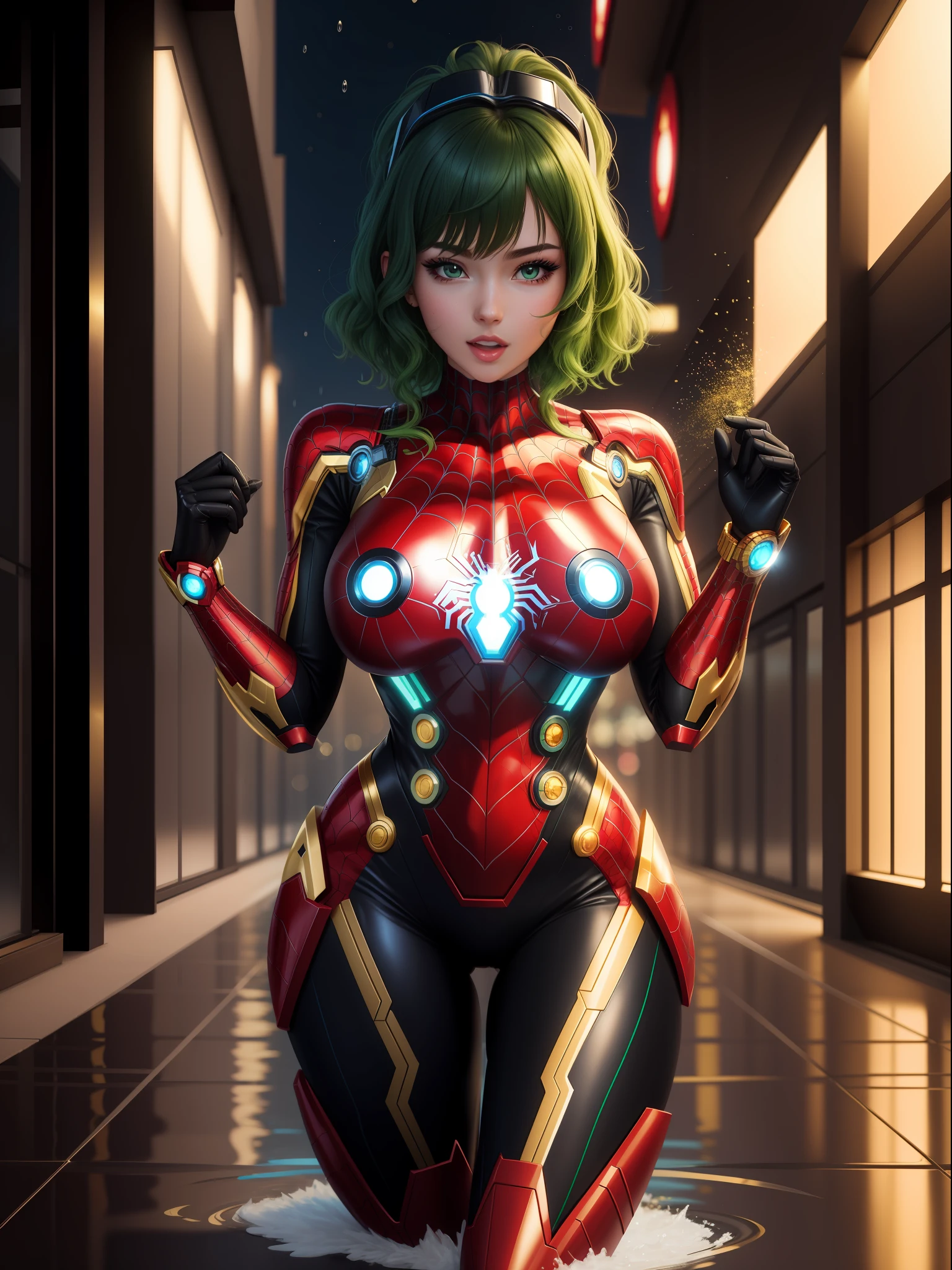 full body photo, 1 female, ((very tight body cosplay in black with gold accents, like Spiderman/Ironman/Kamen Rider/Ultraman)), feet on the ground, huge breasts, looking at the viewer, (short green hair and blue eyes: 1.5), blue thunder behind her, she is in a futuristic city at night raining with full moon, her body and hair are soaked with water, licking lips, shaded, drooling, facing another, excited, anime, 16k, highres, best quality, high details, UHD, masterpiece