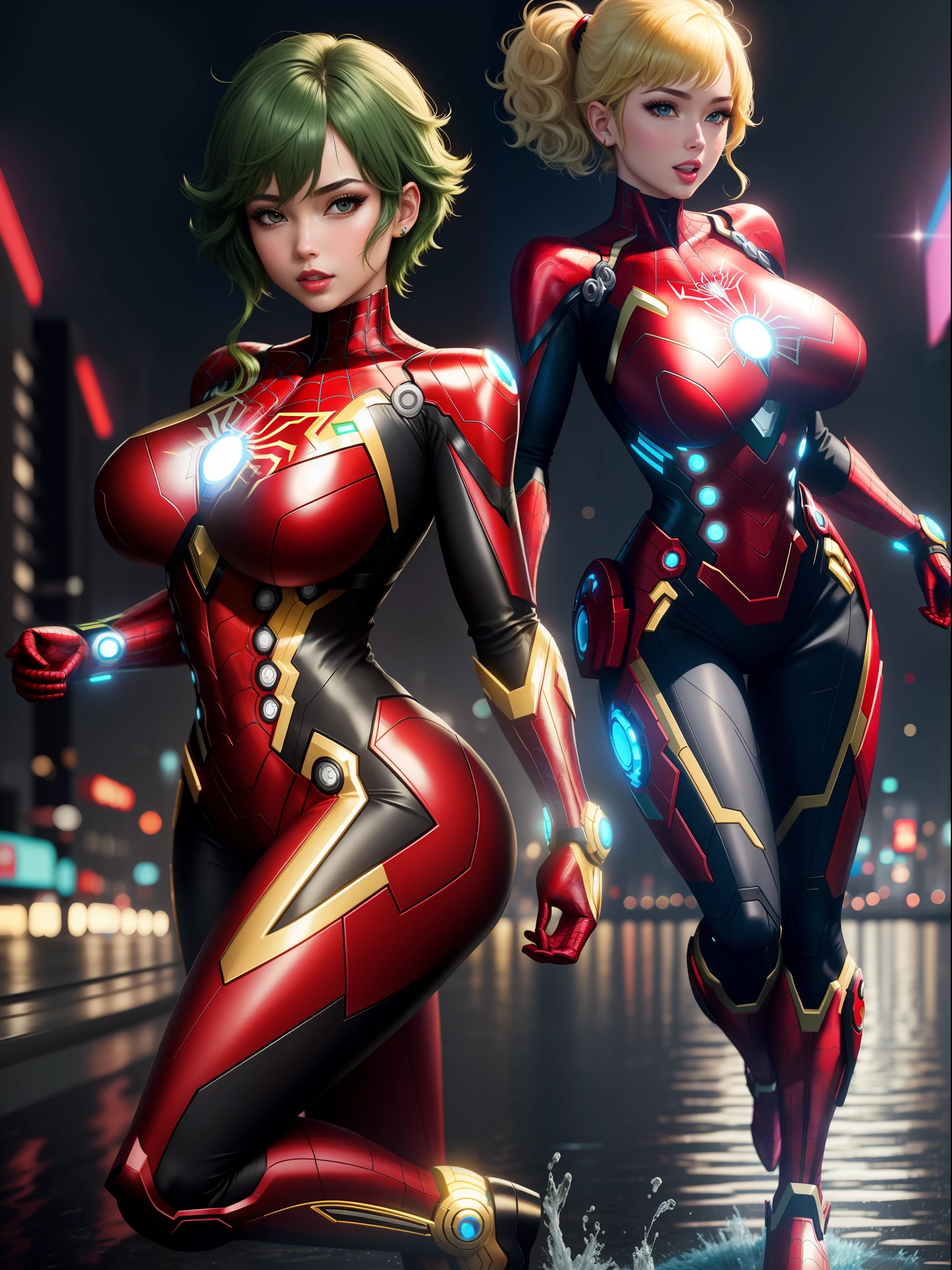 full body photo, 1 female, ((very tight body cosplay in black with gold accents, like Spiderman/Ironman/Kamen Rider/Ultraman)), feet on the ground, huge breasts, looking at the viewer, (short green hair and blue eyes: 1.5), blue thunder behind her, she is in a futuristic city at night raining with full moon, her body and hair are soaked with water, licking lips, shaded, drooling, facing another, excited, anime, 16k, highres, best quality, high details, UHD, masterpiece