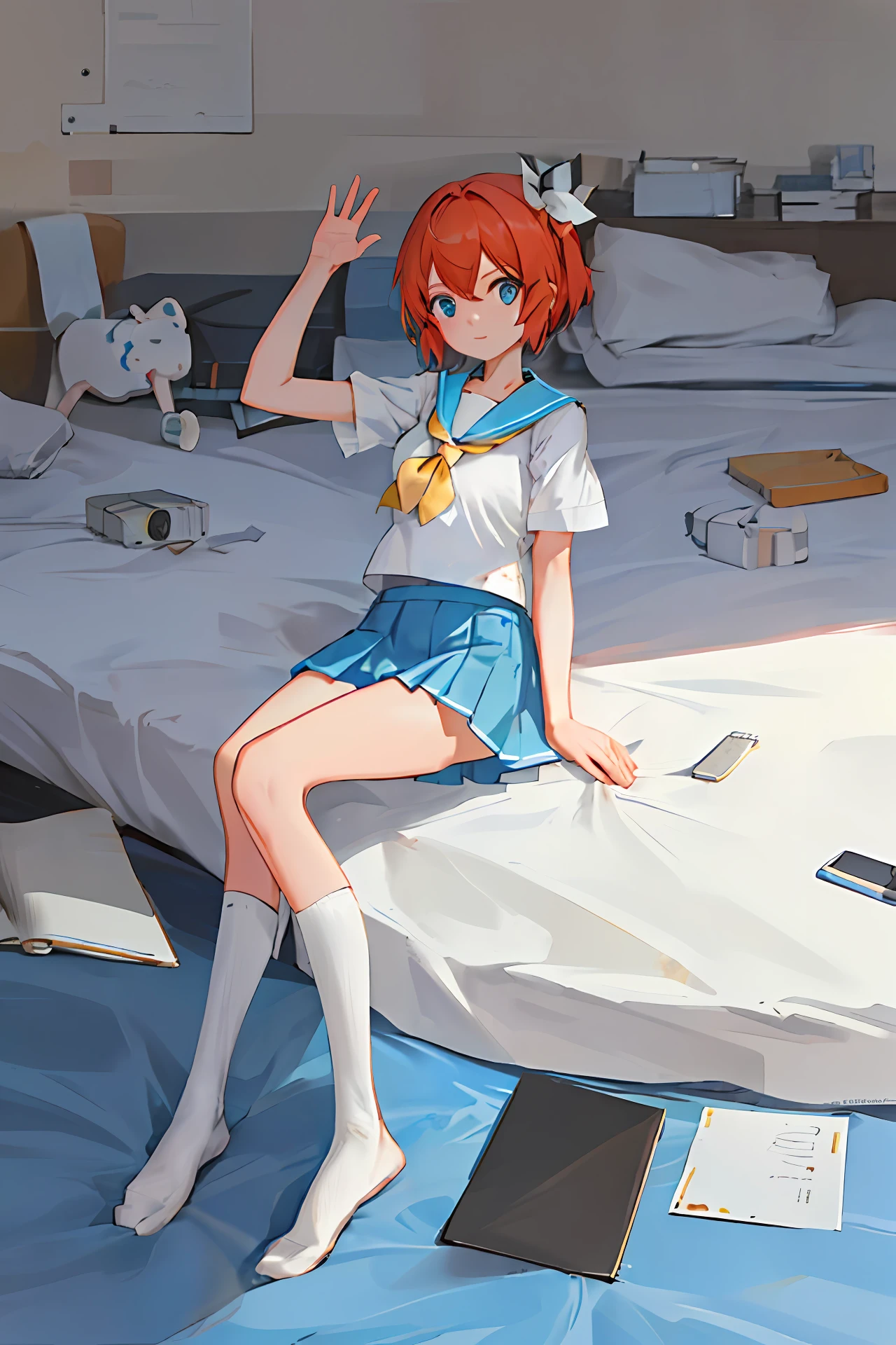 Masterpiece, top quality, high resolution, blue sailor collar, blue skirt, short sleeves, white shirt, white socks, seraphk, miniskirt, uniform, blue neckerchief, drumstick, waving, school,