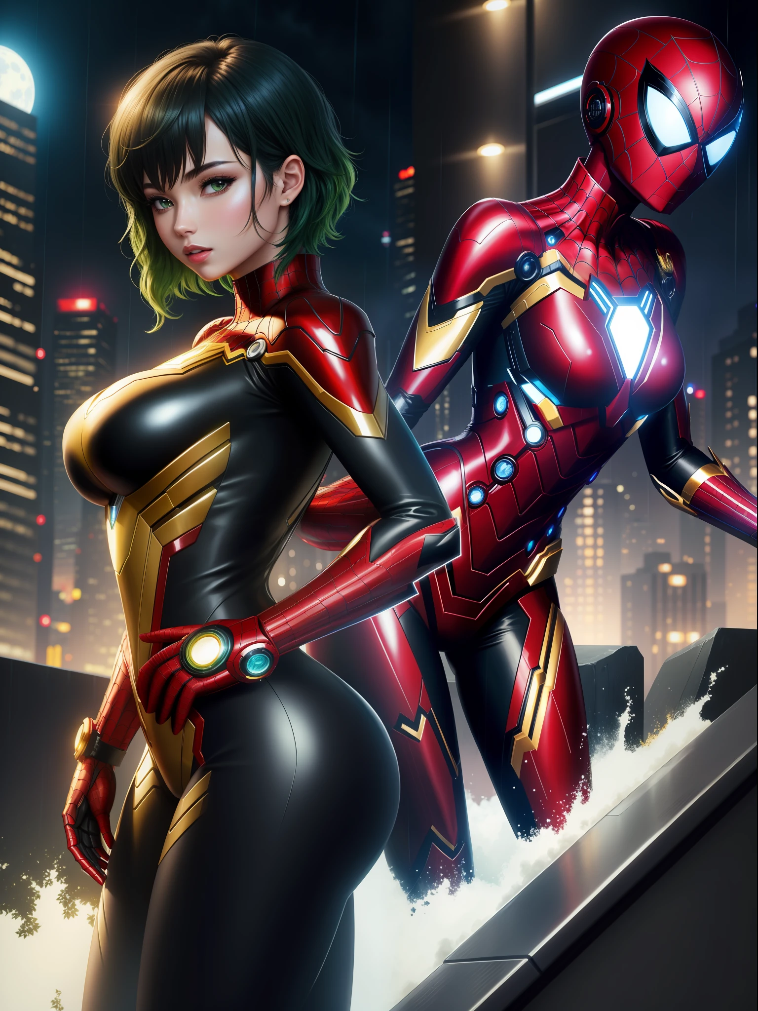 full body photo, 1 woman, ((cosplay very tight on the body in black with gold details, like Spiderman/Iron Man/Kamen Rider/Ultraman)), ultraman/Kamen Rider helmet, feet on the ground, breasts huge, looking at the viewer, (short green hair and blue eyes: 1.5), blue thunder behind her, she is in a futuristic city at night raining with full moon, her body and hair are soaked with water, licking lips, shaded, drooling, facing another, excited, anime, 16k, highres, best quality, high details, UHD, masterpiece