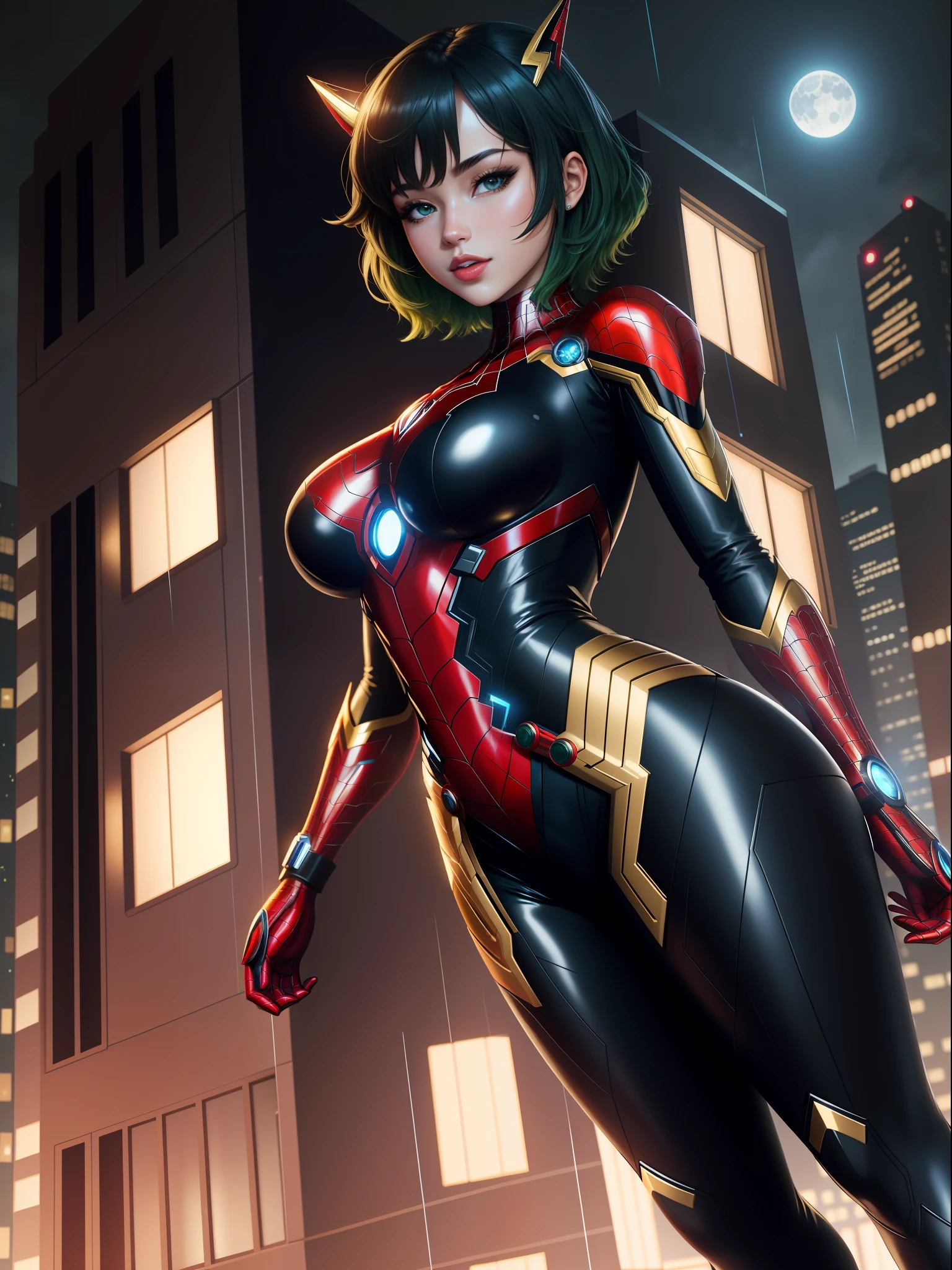 full body photo, 1 woman, ((cosplay very tight on the body in black with gold details, like Spiderman/Iron Man/Kamen Rider/Ultraman)), ultraman/Kamen Rider helmet, feet on the ground, breasts huge, looking at the viewer, (short green hair and blue eyes: 1.5), blue thunder behind her, she is in a futuristic city at night raining with full moon, her body and hair are soaked with water, licking lips, shaded, drooling, facing another, excited, anime, 16k, highres, best quality, high details, UHD, masterpiece