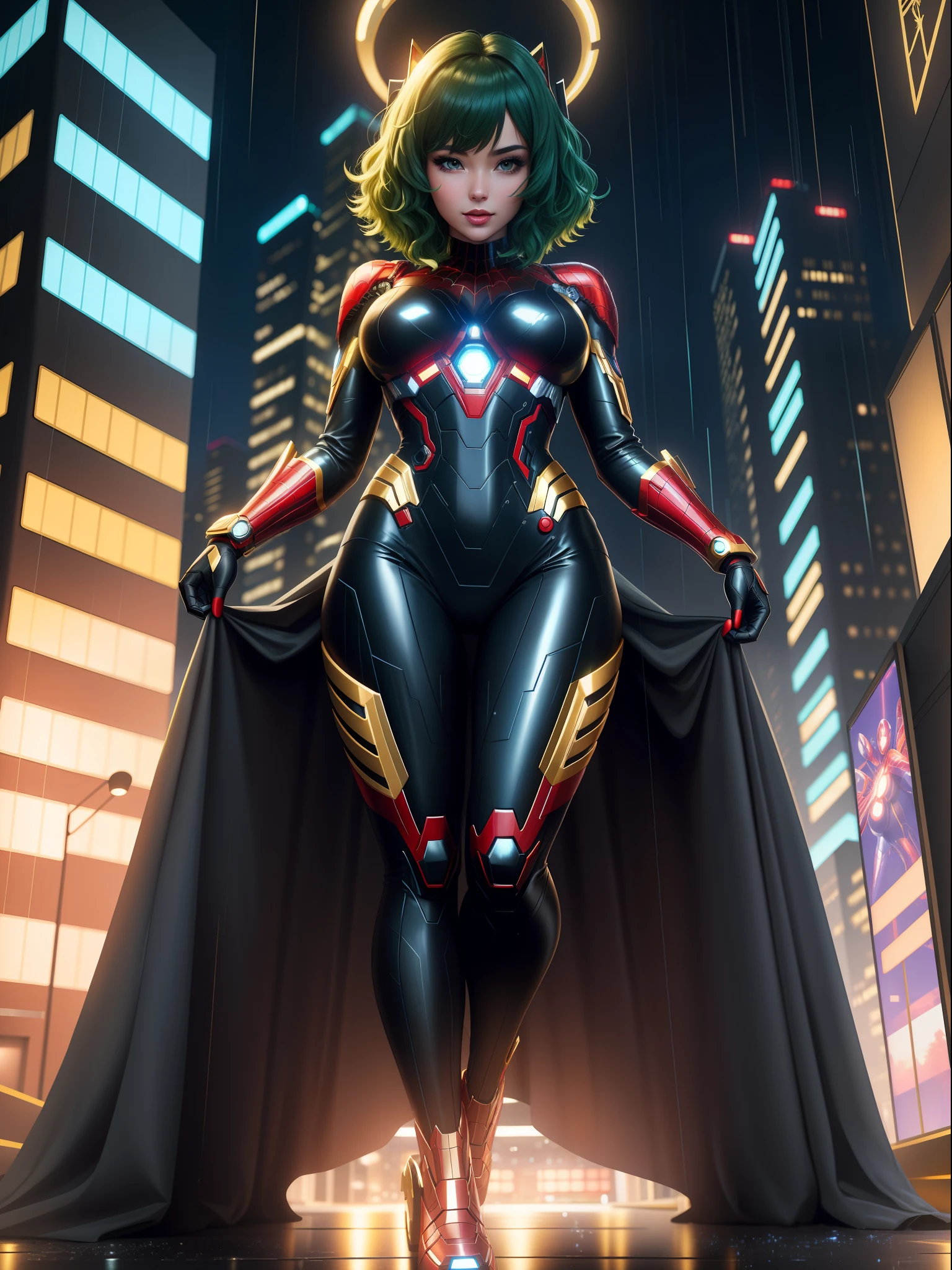 full body photo, 1 woman, ((cosplay very tight on the body in black with gold details, like Spiderman/Iron Man/Kamen Rider/Ultraman)), ultraman/Kamen Rider helmet, feet on the ground, breasts huge, looking at the viewer, (short green hair and blue eyes: 1.5), blue thunder behind her, she is in a futuristic city at night raining with full moon, her body and hair are soaked with water, licking lips, shaded, drooling, facing another, excited, anime, 16k, highres, best quality, high details, UHD, masterpiece