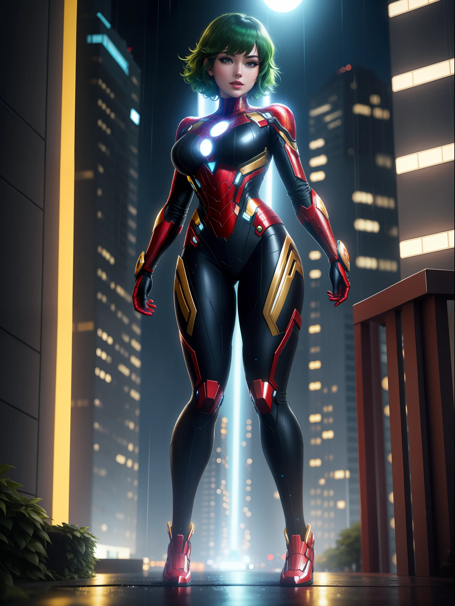 full body photo, 1 woman, ((cosplay very tight on the body in black with gold details, like Spiderman/Iron Man/Kamen Rider/Ultraman)), ultraman/Kamen Rider helmet, feet on the ground, breasts huge, looking at the viewer, (short green hair and blue eyes: 1.5), blue thunder behind her, she is in a futuristic city at night raining with full moon, her body and hair are soaked with water, licking lips, shaded, drooling, facing another, excited, anime, 16k, highres, best quality, high details, UHD, masterpiece