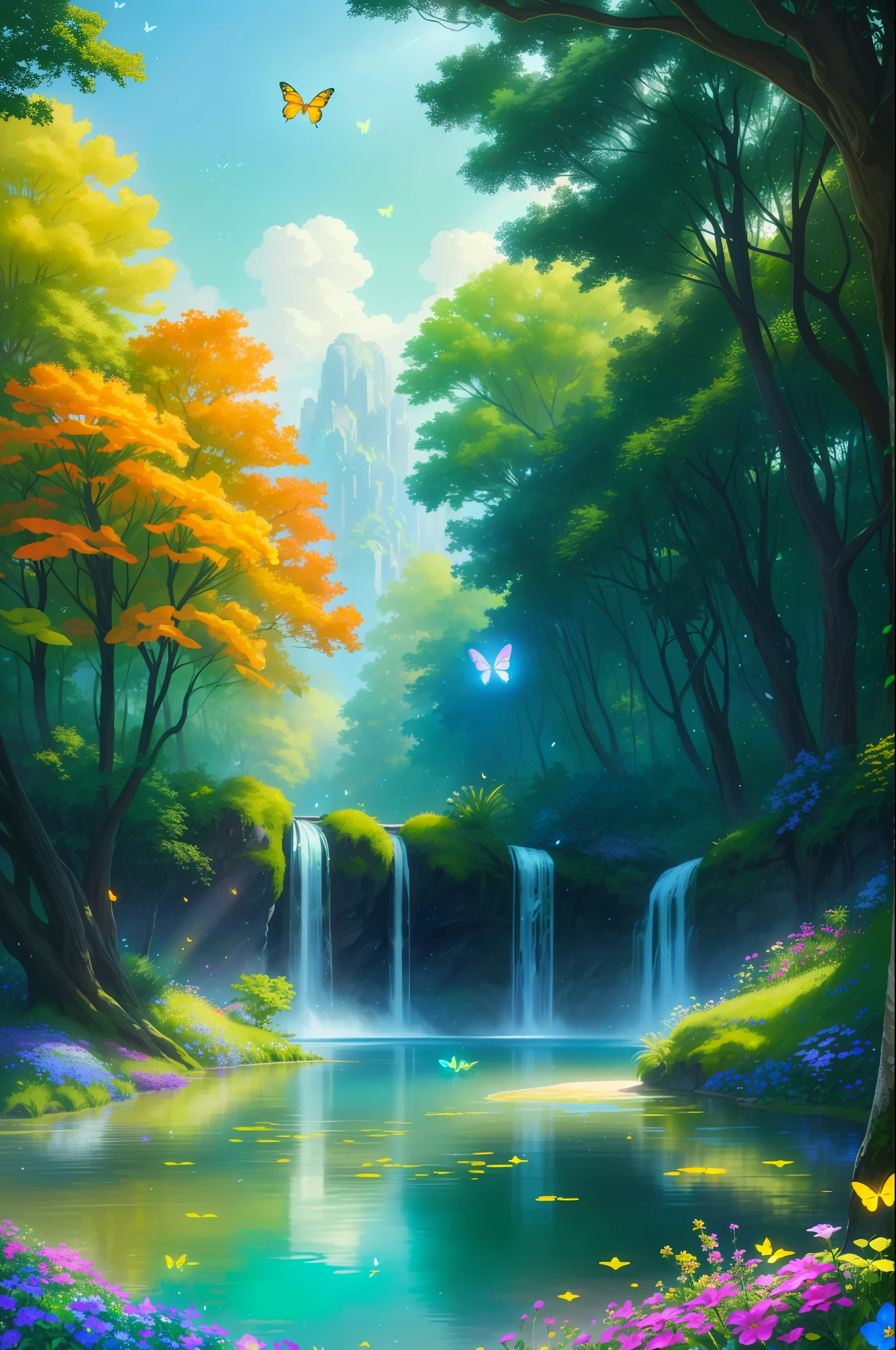 masterpiece, best quality, high quality, extremely detailed cg unity 8k wallpaper, )an extremely colorful and purely fantasy environment with vibrant hues and a bright sky), landscape of bright green grass, colorful trees, glittering fruits, and bright blue flowers, (the streams are a deep shade of blue green), and the air is filled with sweet exotic scents, (the environment appears to be taken out of a dream), with luminescent butterflies and giant colorful birds flying around, award winning photography, bokeh, depth of field, hdr, bloom, chromatic aberration, photorealistic:1.3, extremely detailed, trending on artstation, trending on cgsociety, intricate, high detail, dramatic, art by midjourney,