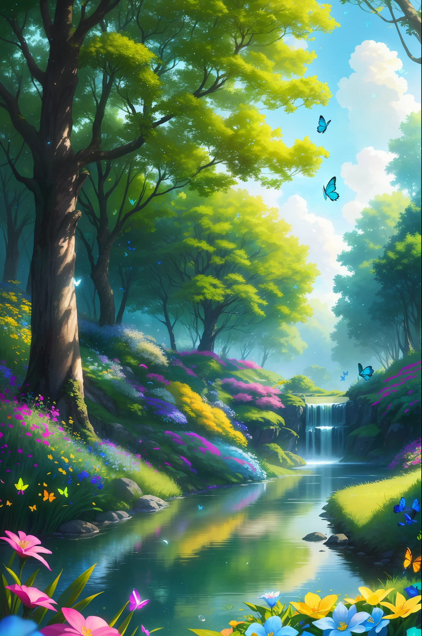 masterpiece, best quality, high quality, extremely detailed cg unity 8k wallpaper, )an extremely colorful and purely fantasy environment with vibrant hues and a bright sky), landscape of bright green grass, colorful trees, glittering fruits, and bright blue flowers, (the streams are a deep shade of blue green), and the air is filled with sweet exotic scents, (the environment appears to be taken out of a dream), with luminescent butterflies and giant colorful birds flying around, award winning photography, bokeh, depth of field, hdr, bloom, chromatic aberration, photorealistic:1.3, extremely detailed, trending on artstation, trending on cgsociety, intricate, high detail, dramatic, art by midjourney,