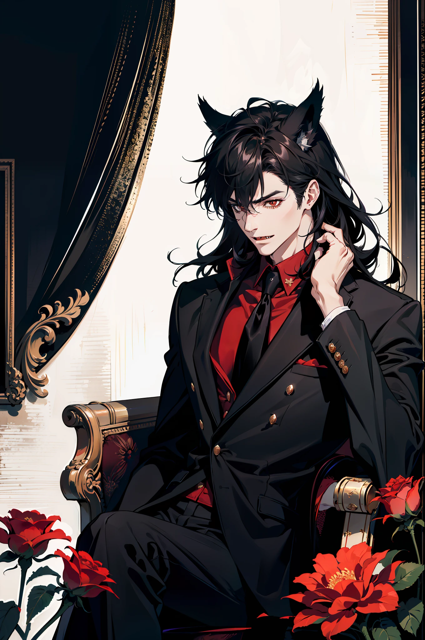 (absurdres, highres, ultra detailed), 1 male, adult, handsome, tall muscular guy, broad shoulders, finely detailed eyes and detailed face, black and white very long hair, red eyes, handsome, suit, fantasy, uniform, royal, gothic, wolf ears, wolf tail, flowers blooming brightly-bloomed flowers, red roses, Sunlight, Fantastic light and shadow, Scenery, portrait, vampire fangs, open mouth, sexy, attractive, full body, tongle