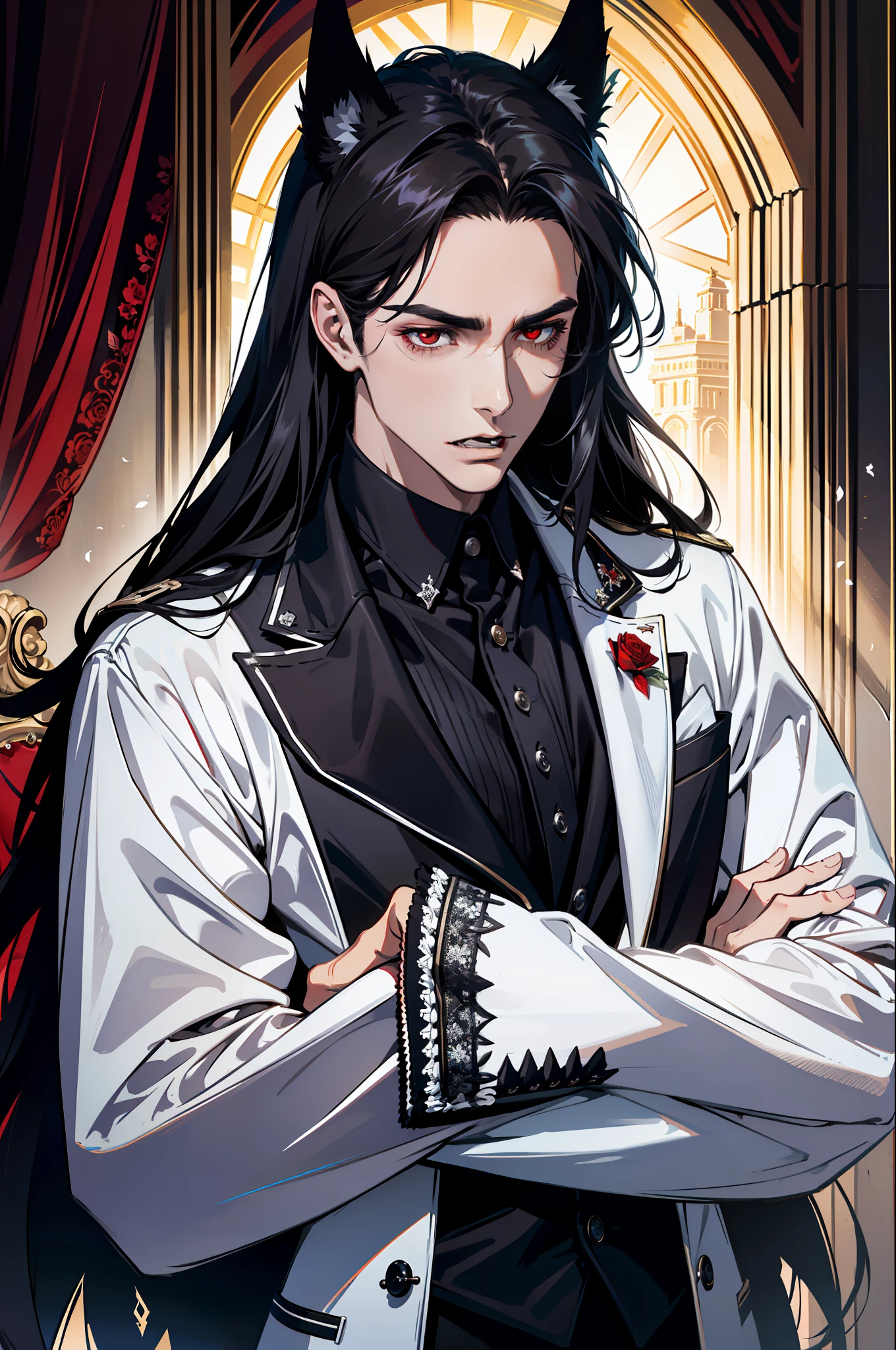 (absurdres, highres, ultra detailed), 1 male, adult, handsome, tall muscular guy, broad shoulders, finely detailed eyes and detailed face, black and white very long hair, red eyes, handsome, suit, fantasy, uniform, royal, gothic, wolf ears, wolf tail, flowers blooming brightly-bloomed flowers, red roses, Sunlight, Fantastic light and shadow, Scenery, portrait, vampire fangs, open mouth, sexy, attractive, full body, tongle