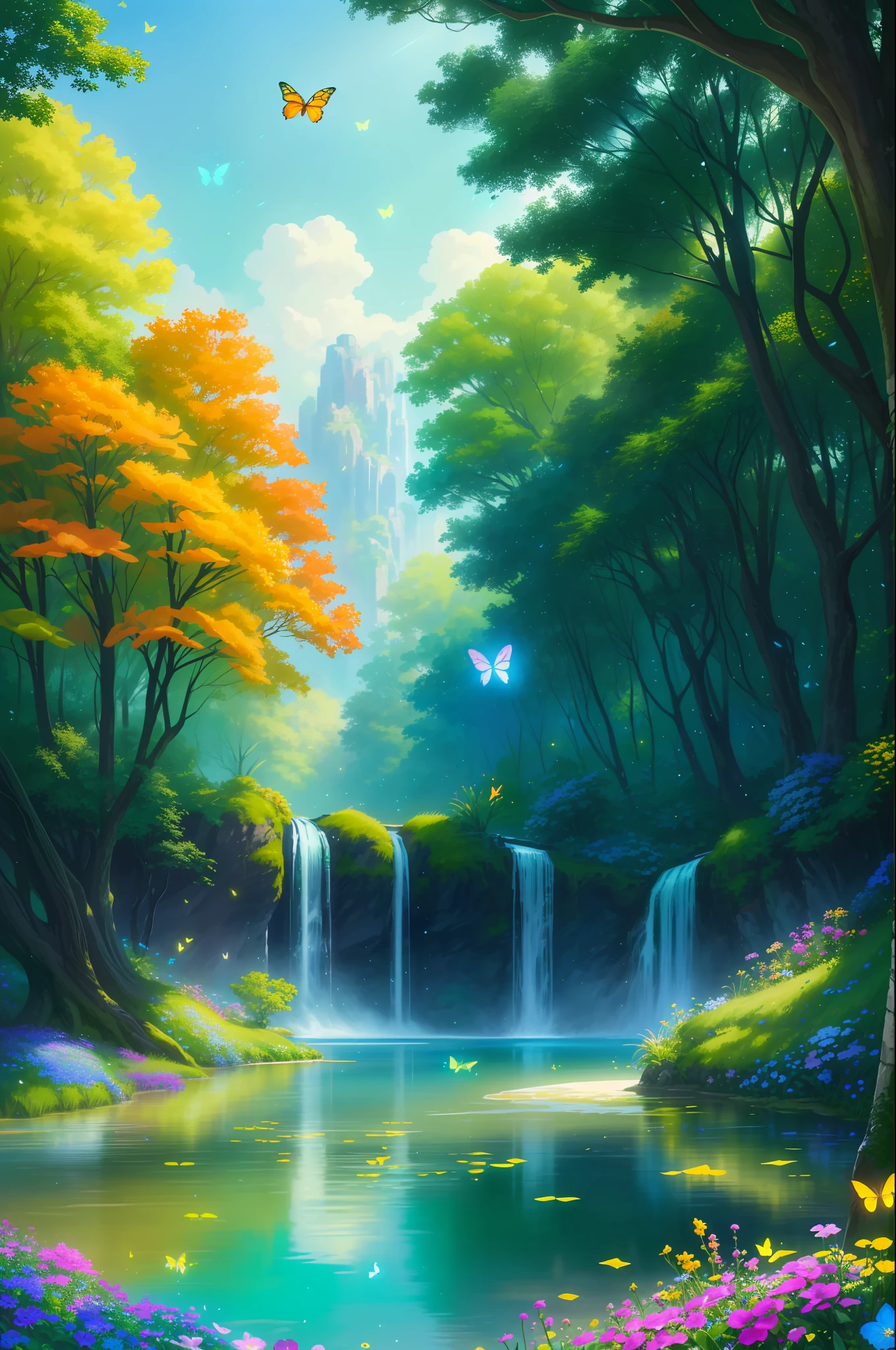 masterpiece, best quality, high quality, extremely detailed cg unity 8k wallpaper, )an extremely colorful and purely fantasy environment with vibrant hues and a bright sky), landscape of bright green grass, colorful trees, glittering fruits, and bright blue flowers, (the streams are a deep shade of blue green), and the air is filled with sweet exotic scents, (the environment appears to be taken out of a dream), with luminescent butterflies and giant colorful birds flying around, award winning photography, bokeh, depth of field, hdr, bloom, chromatic aberration, photorealistic:1.3, extremely detailed, trending on artstation, trending on cgsociety, intricate, high detail, dramatic, art by midjourney,