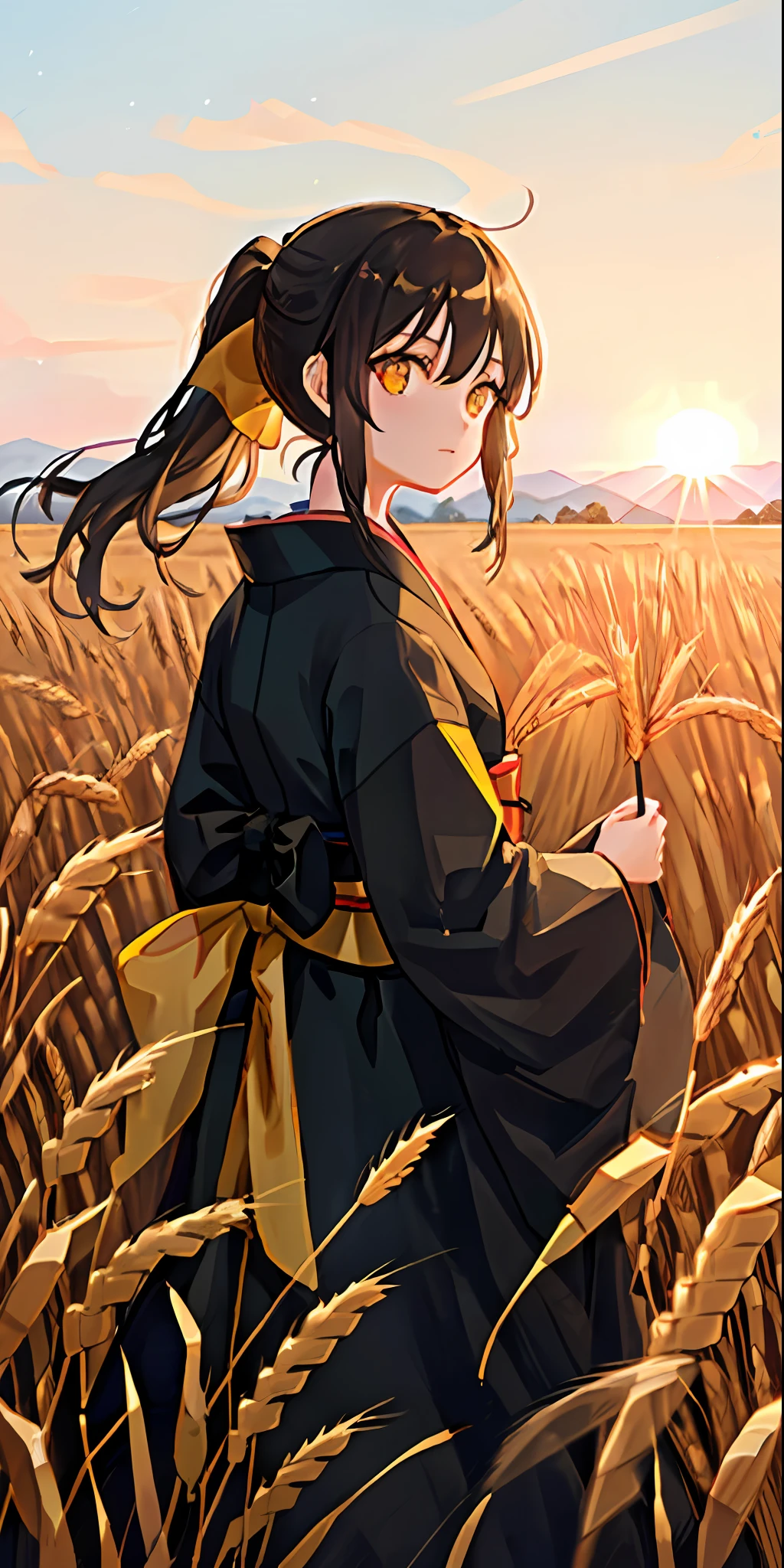 A girl in a kimono with a blank look stands waist-deep in a field of wheat, a black kimono with gold edges, her hair is tied in a ponytail, yellow eyes, the sunset is reflected in her eyes, the light falls on her face, she stands turned around, pulling a wheat stalk in her hands