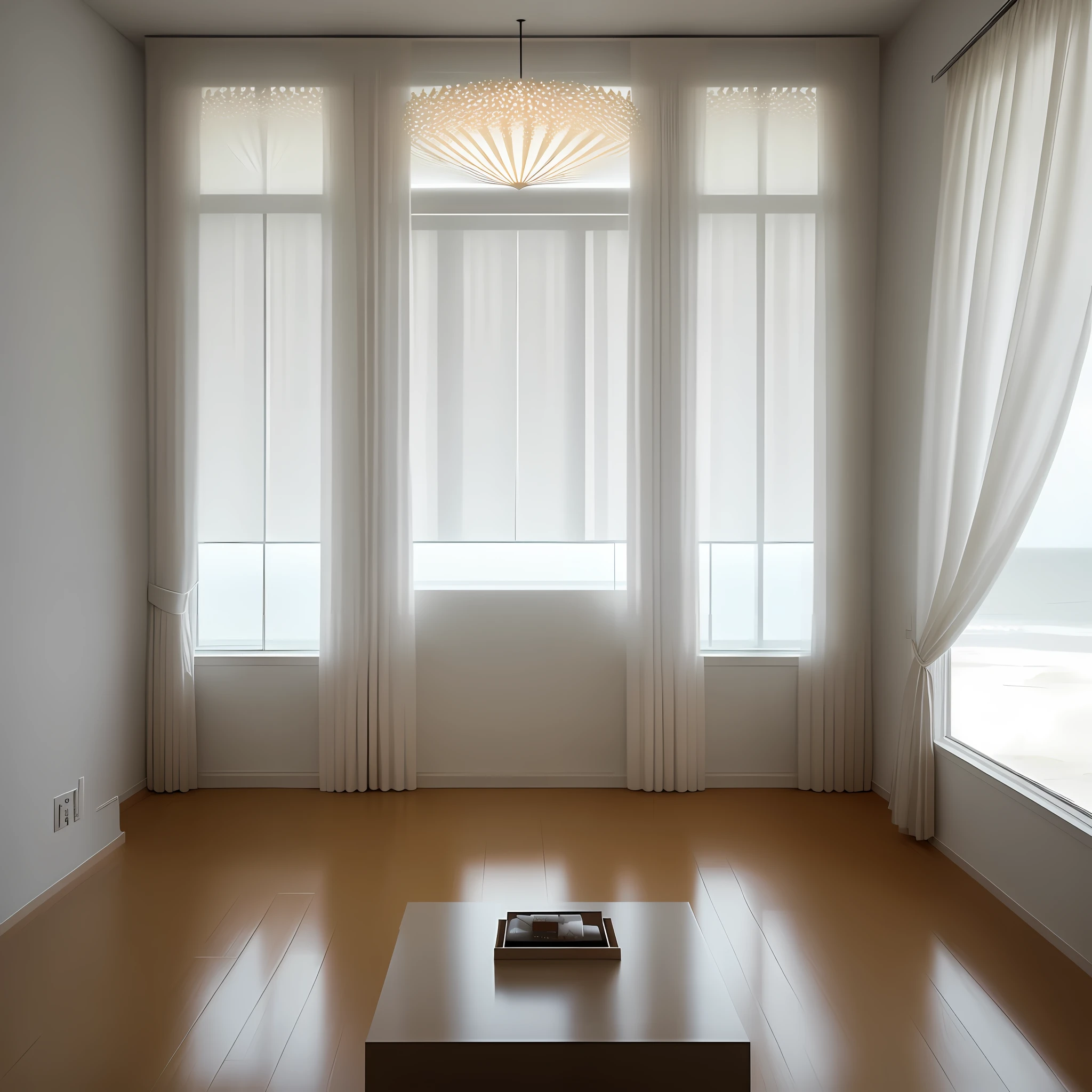 minimalistic design, the interior of the LIVING ROOM in the luxury class with white and sand tones, a breathtaking view of the Baltic Sea from the panoramic window, with an organ curtain and an excellent maximum view of the room, there is a picture on the wall.