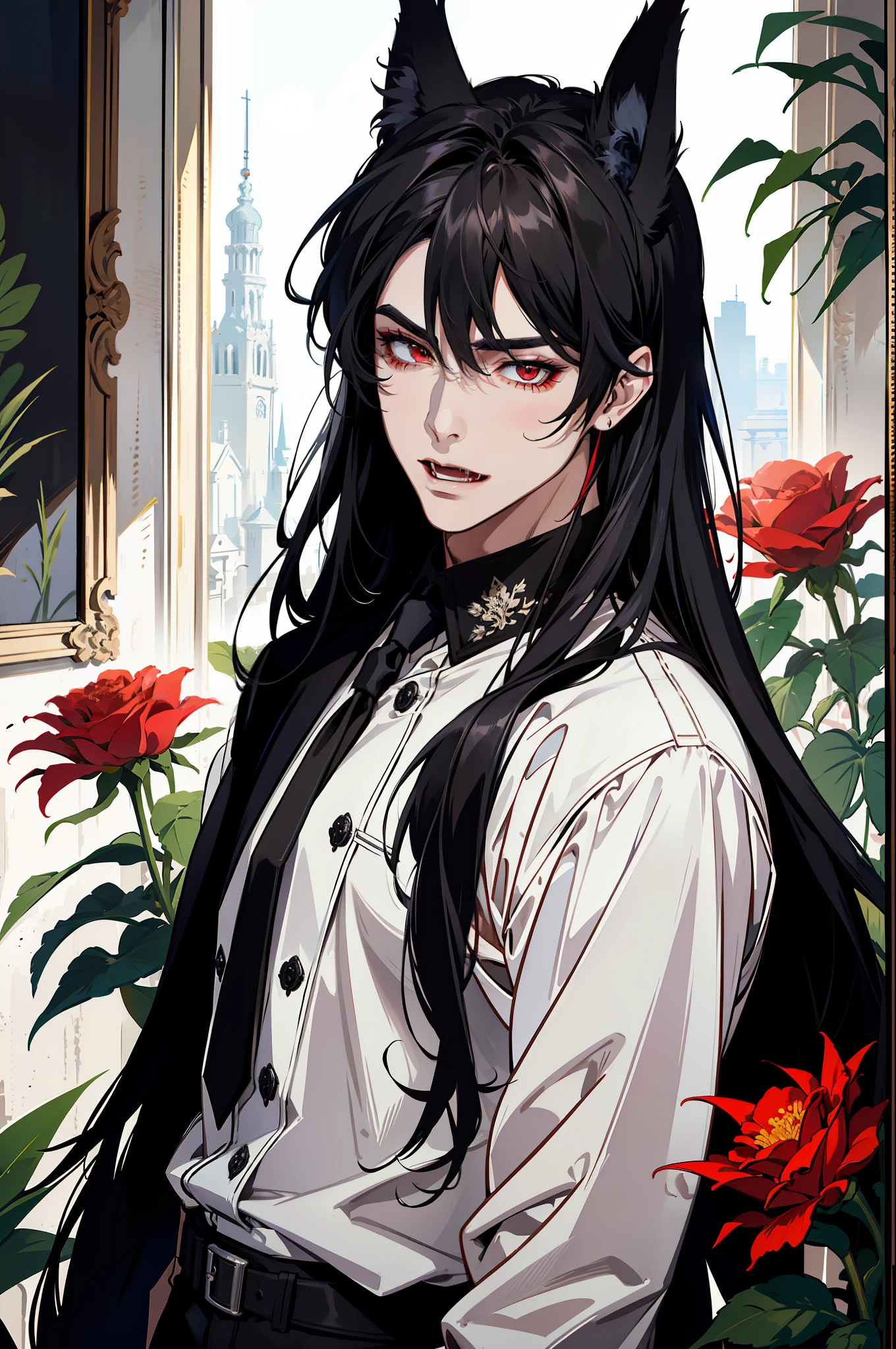 (absurdres, highres, ultra detailed), 1 male, adult, handsome, tall muscular guy, broad shoulders, finely detailed eyes and detailed face, black and white very long hair, red eyes, handsome, fantasy duit, uniform, royal, wolf ears, wolf tail, flowers blooming brightly-bloomed flowers, red roses, Sunlight, Fantastic light and shadow, Scenery, portrait, vampire fangs, open mouth, sexy, attractive, full body, open mouth, tongle,