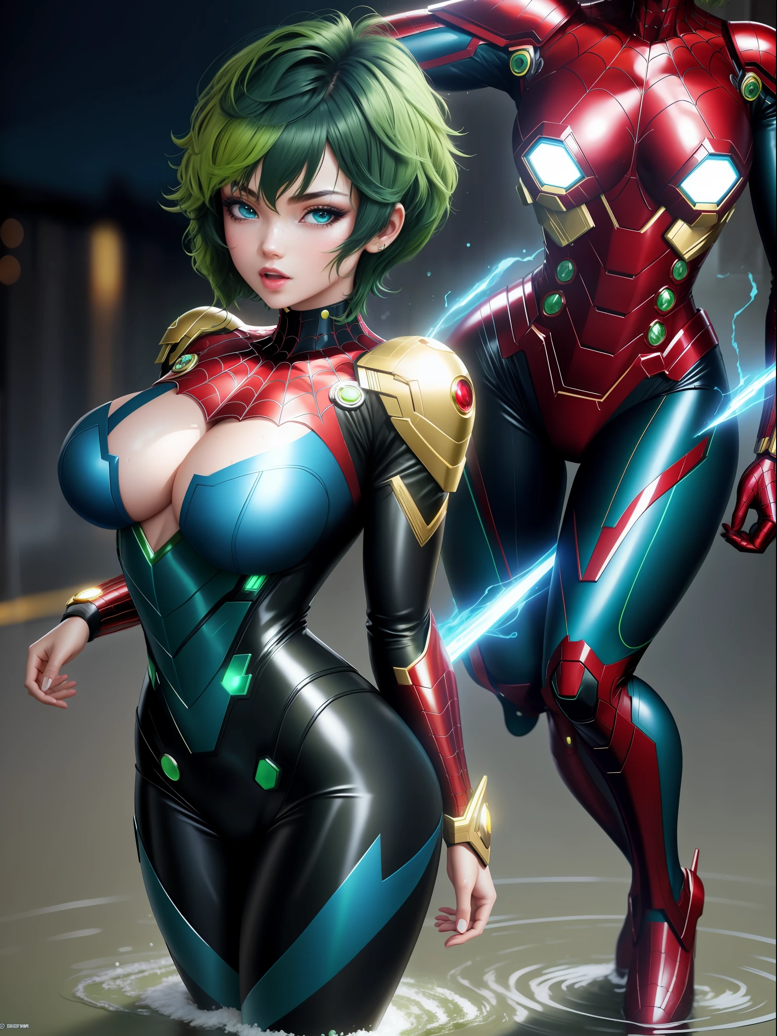 full body photo, 1 woman, ((cosplay very tight on the body in black with gold details, like Spiderman/Iron Man/Kamen Rider/Ultraman)), ultraman/Kamen Rider helmet, feet on the ground, breasts huge, looking at the viewer, (short green hair:1.5) and (blue eyes:1.5), (blue thunder behind her:1.5), she is in a futuristic city at night raining with full moon, her body and hair are soaked of water, licking lips, shaded, drooling, facing another, excited, anime, 16k, highres, best quality, high details, UHD, masterpiece