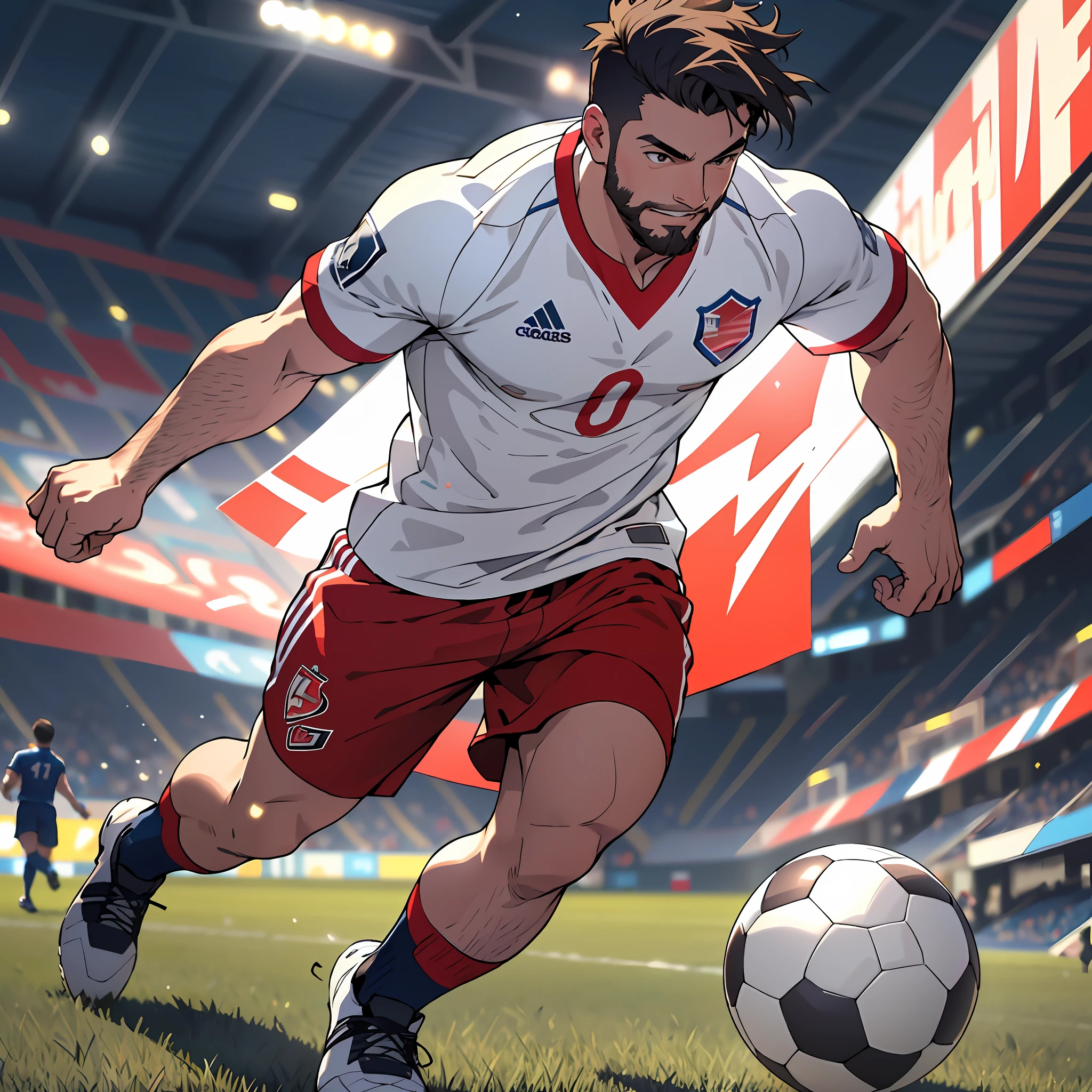 best quality, masterpiece, super high resolution, detailed background, realism, Illustrations, single, 1 boy, soccer field, muscle, volumetric lighting, depth of field, full body, facial hair, full body, full body, soccer player, red and white spaced clothes