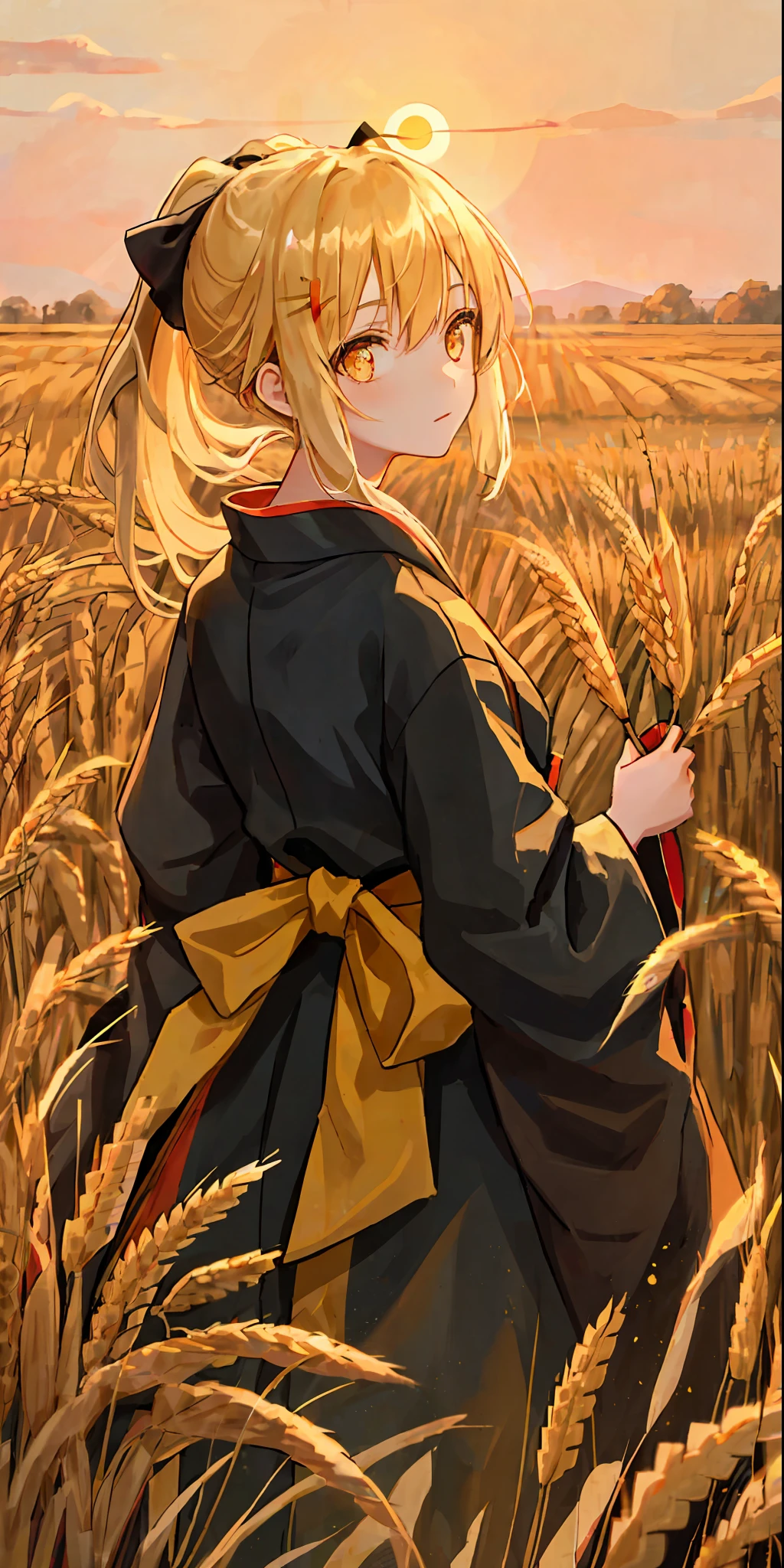 A girl in a kimono with a blank look stands waist-deep in a field of wheat, a black kimono with gold edges, her hair is tied in a ponytail, yellow eyes, the sunset is reflected in her eyes, the light falls on her face, she stands turned around, pulling a wheat stalk in her hands