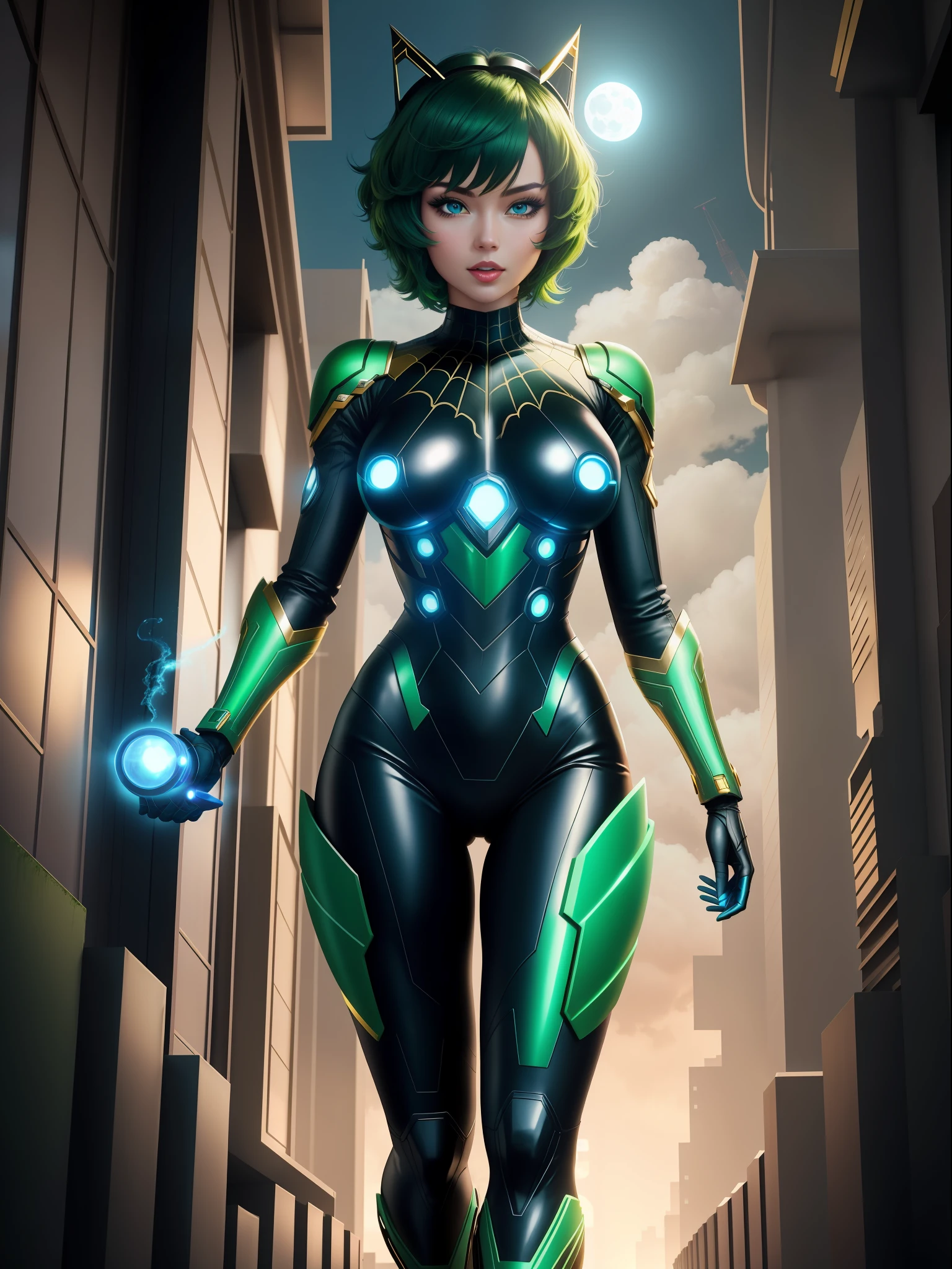 full body photo, 1 woman, ((very tight body cosplay in black with gold details, like Spiderman/Iron Man/Kamen Rider/Ultraman)), ultraman/Kamen Rider helmet, feet on the ground, breasts huge, looking at the viewer, (short green hair:1.5) and (blue eyes:1.5), (blue thunder behind her:1.5), she is in a futuristic city at night with heavy fog and full moon in the sky, she is walking with futuristic weapons in their hands, licking lips, shaded, drooling, facing another, excited, anime, 16k, highres, best quality, high details, UHD, masterpiece