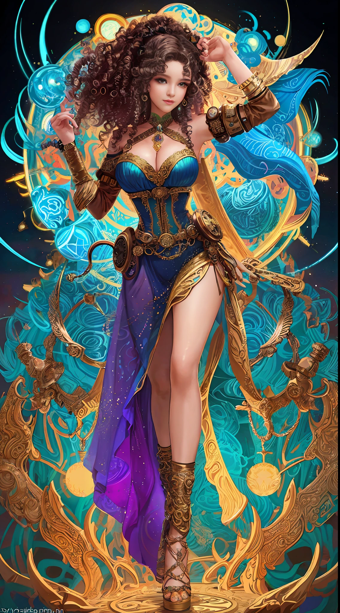 Beautiful woman, intricate hairstyle, curly hair, curls, beautiful chiseled figure, aesthetics of the female body, fractals, mandala, complex background, modern art, bright colors, explosion of colors, sexy pose, complex pose, steampunk elements