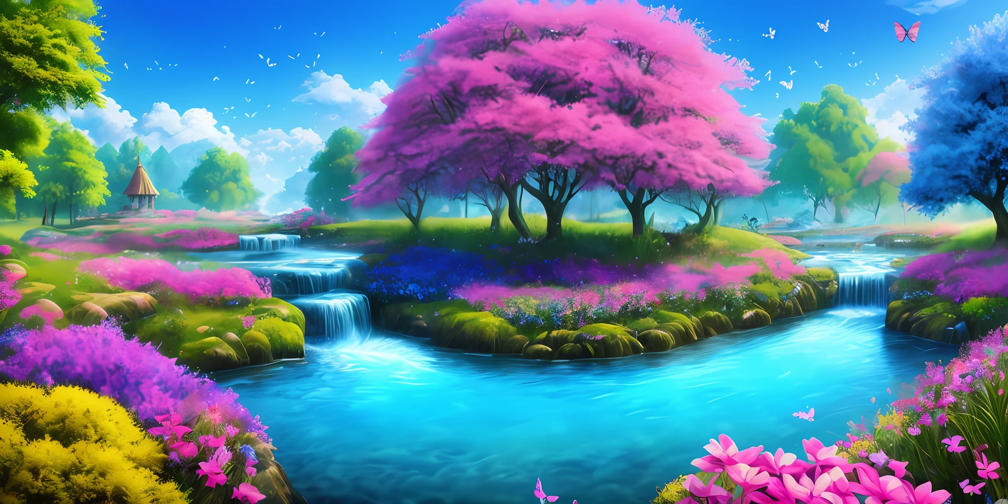 masterpiece, best quality, high quality, extremely detailed CG unity 8k wallpaper, An extremely colorful and purely fantasy environment with vibrant hues and a bright sky, landscape of bright green grass, colorful trees, glittering fruits, and bright blue flowers. The streams are a deep shade of blue, and the air is filled with sweet exotic scents. The environment appears to be taken out of a dream, with luminescent butterflies and giant colorful birds flying around, award winning photography, Bokeh, Depth of Field, HDR, bloom, Chromatic Aberration ,Photorealistic,extremely detailed, trending on artstation, trending on CGsociety, Intricate, High Detail, dramatic, art by midjourney