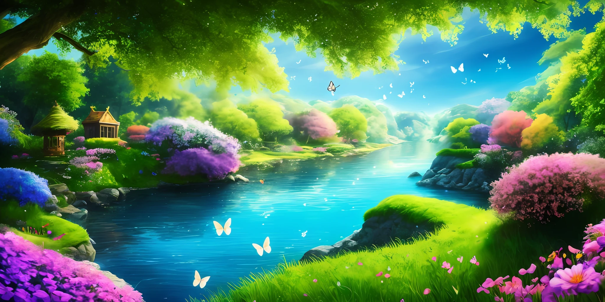 masterpiece, best quality, high quality, extremely detailed CG unity 8k wallpaper, An extremely colorful and purely fantasy environment with vibrant hues and a bright sky, landscape of bright green grass, colorful trees, glittering fruits, and bright blue flowers. The streams are a deep shade of blue, and the air is filled with sweet exotic scents. The environment appears to be taken out of a dream, with luminescent butterflies and giant colorful birds flying around, award winning photography, Bokeh, Depth of Field, HDR, bloom, Chromatic Aberration ,Photorealistic,extremely detailed, trending on artstation, trending on CGsociety, Intricate, High Detail, dramatic, art by midjourney