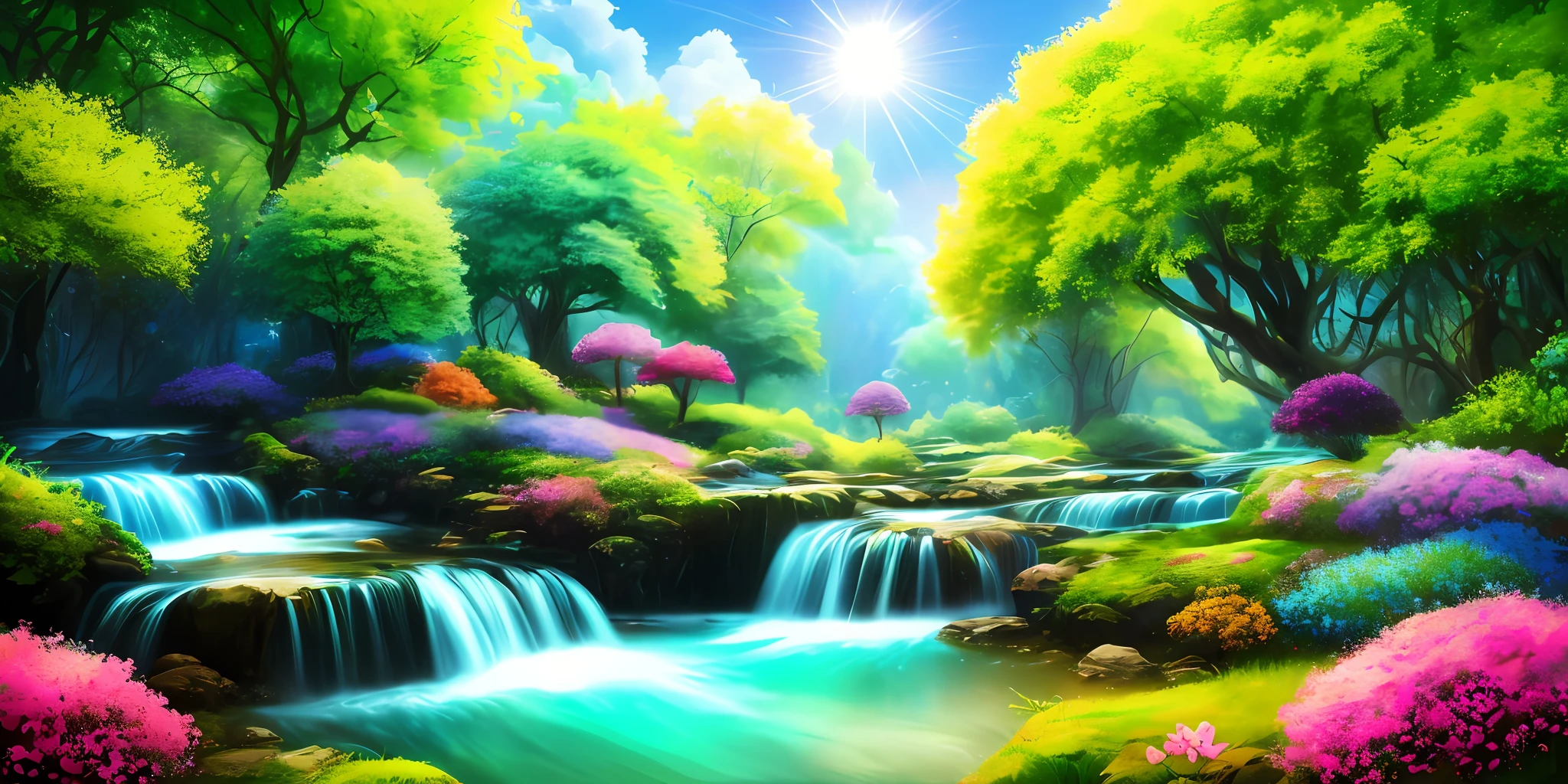masterpiece, best quality, high quality, extremely detailed CG unity 8k wallpaper, An extremely colorful and purely fantasy environment with vibrant hues and a bright sky, landscape of bright green grass, colorful trees, glittering fruits, and bright blue flowers. The streams are a deep shade of blue, and the air is filled with sweet exotic scents. The environment appears to be taken out of a dream, with luminescent butterflies and giant colorful birds flying around, award winning photography, Bokeh, Depth of Field, HDR, bloom, Chromatic Aberration ,Photorealistic,extremely detailed, trending on artstation, trending on CGsociety, Intricate, High Detail, dramatic, art by midjourney