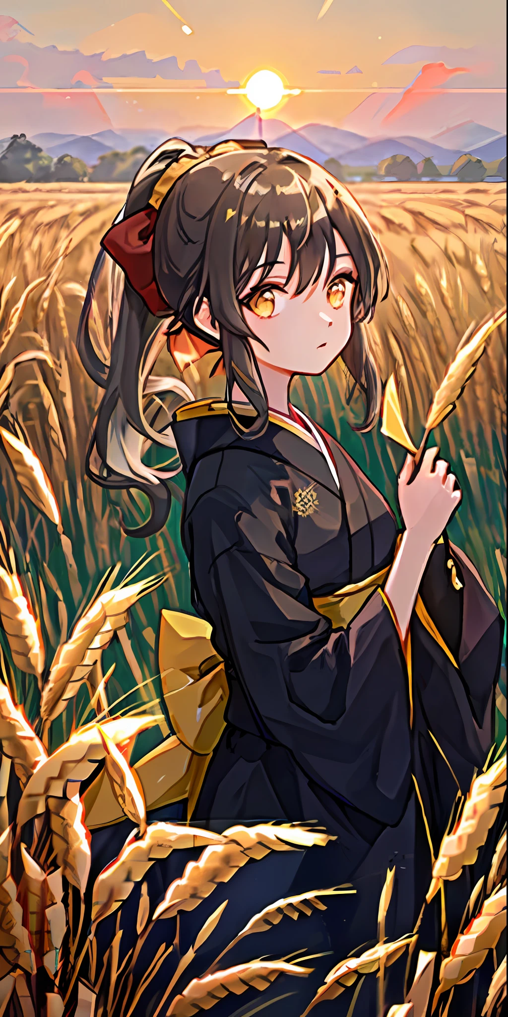 A girl in a kimono with a blank look stands waist-deep in a field of wheat, a black kimono with gold edges, her hair is tied in a ponytail, yellow eyes, the sunset is reflected in her eyes, the light falls on her face, half-sideways to the camera