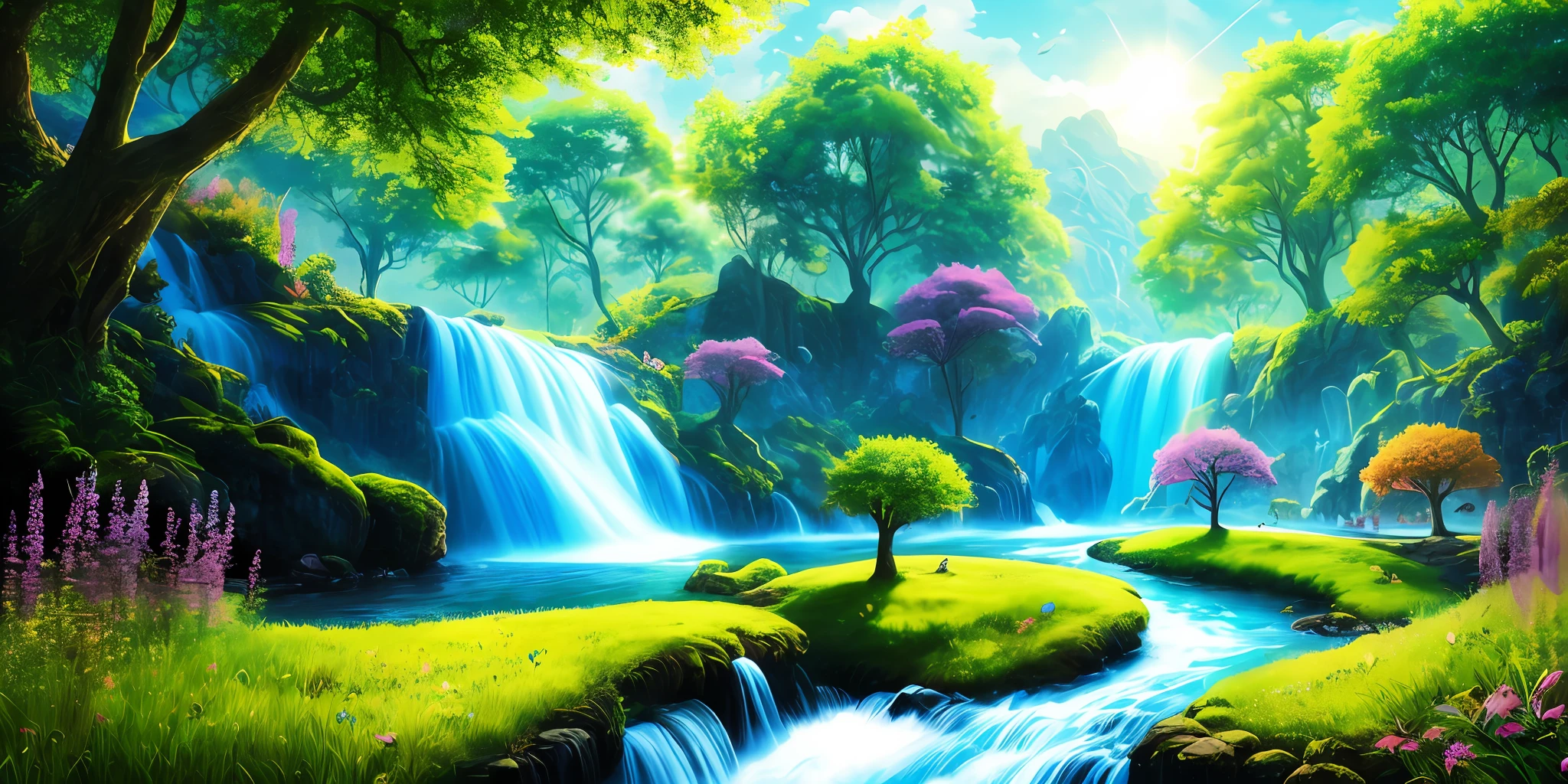 masterpiece, best quality, high quality, extremely detailed CG unity 8k wallpaper, An extremely colorful and purely fantasy environment with vibrant hues and a bright sky, landscape of bright green grass, colorful trees, glittering fruits, and bright blue flowers. The streams are a deep shade of blue, and the air is filled with sweet exotic scents. The environment appears to be taken out of a dream, with luminescent butterflies and giant colorful birds flying around, award winning photography, Bokeh, Depth of Field, HDR, bloom, Chromatic Aberration ,Photorealistic,extremely detailed, trending on artstation, trending on CGsociety, Intricate, High Detail, dramatic, art by midjourney