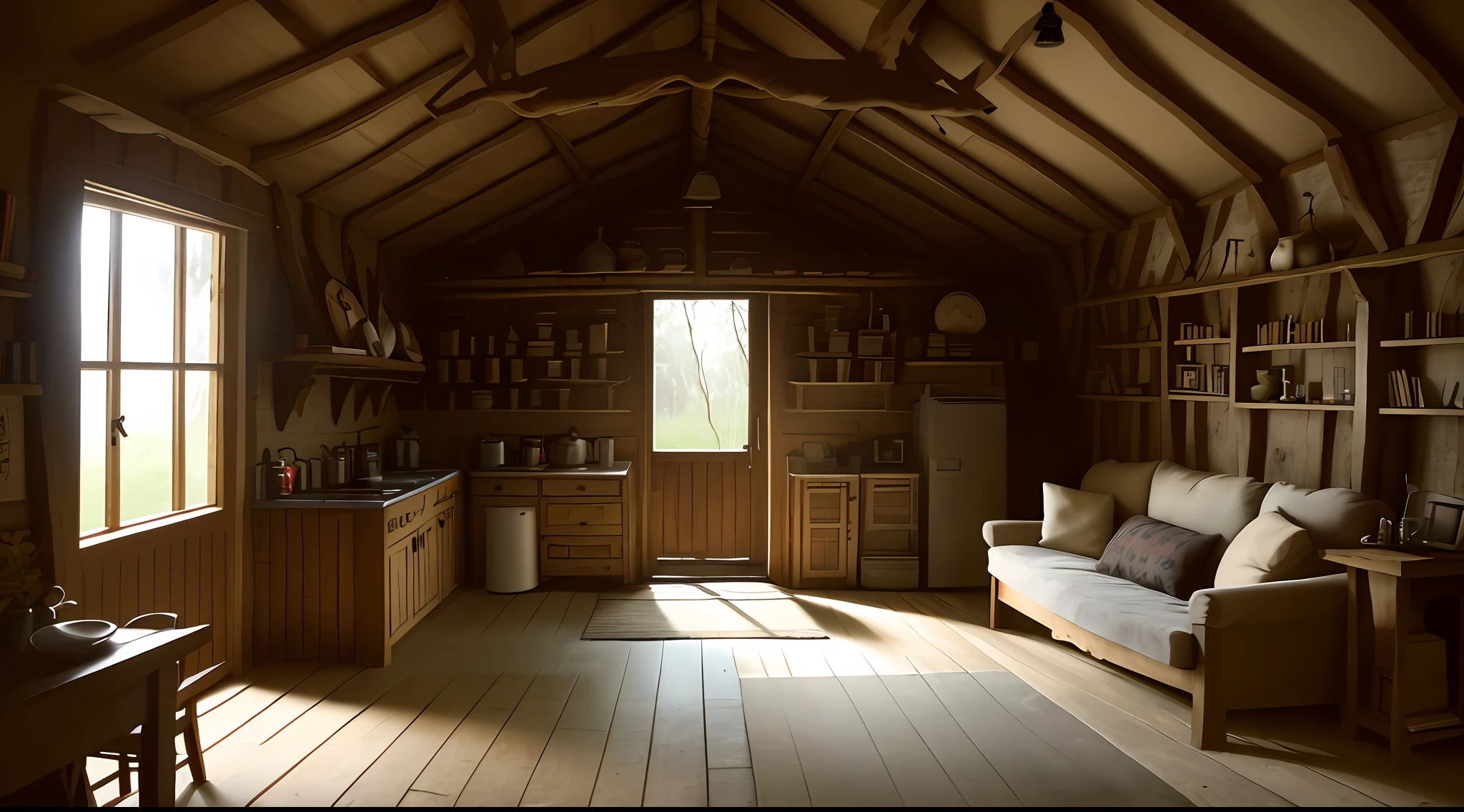 Image from inside a rustic hut and with a soft/dark lighting, the hut is full of books scattered on the floor and shelves full of books, has a sofa worn in a corner, in the background has a door that gives to see the kitchen where there is a kettle over the fire releasing smoke