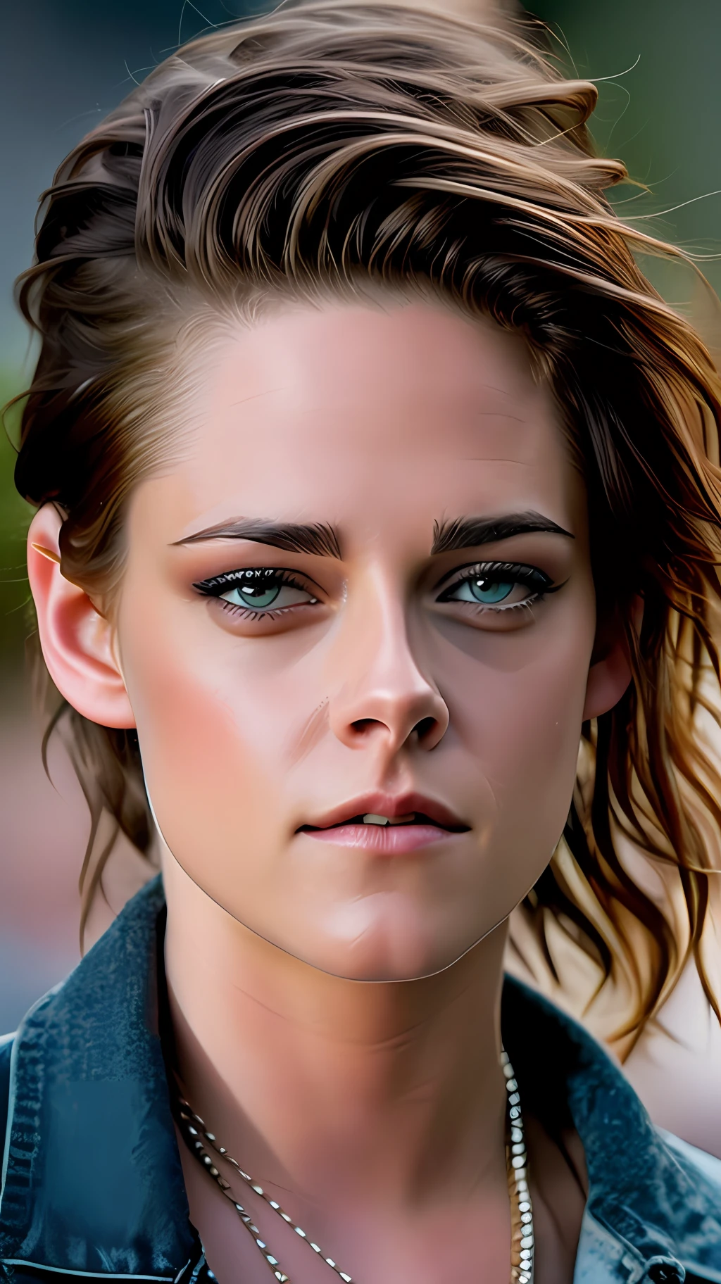 hyperealistic photography, kristen Stewart looking at you and the rain traced the contours of her chiseled features of her face, biting lip ,perfect face detailed, gray eyes, full lips, 32k , ultra detailed