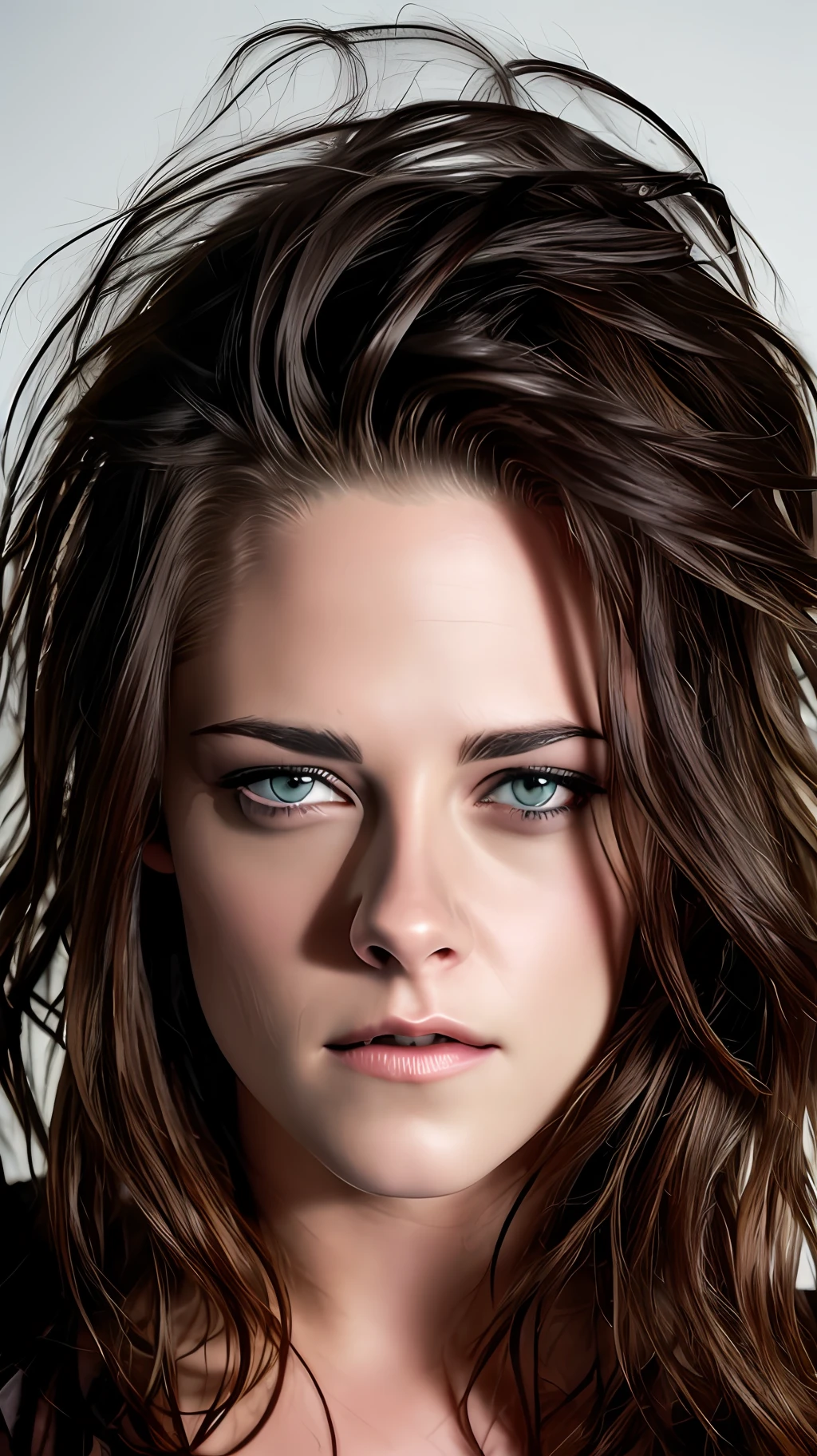 hyperealistic photography, kristen Stewart looking at you and the rain traced the contours of her chiseled features of her face, biting lip ,perfect face detailed, gray eyes, full lips, 32k , ultra detailed