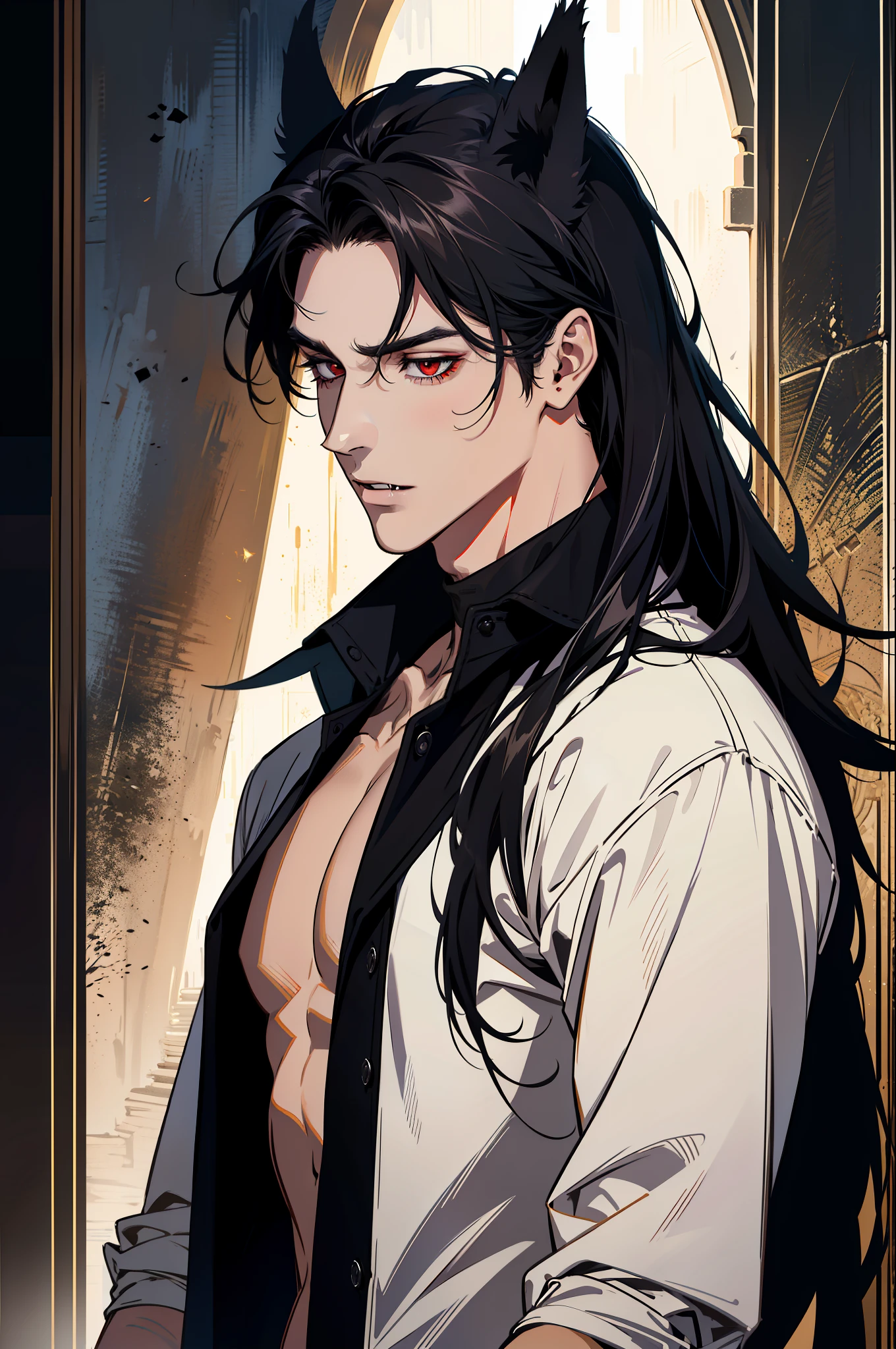 (absurdres, highres, ultra detailed), 1 male, adult, handsome, tall muscular guy, broad shoulders, finely detailed eyes and detailed face, black very long hair, red eyes, handsome, fantasy, gothic, wolf ears, wolf tail, Sunlight, Fantastic light and shadow, Scenery, portrait, vampire fangs, open mouth, sexy, attractive, full body, tongle, no clothes, no shirt,, Dog Collar