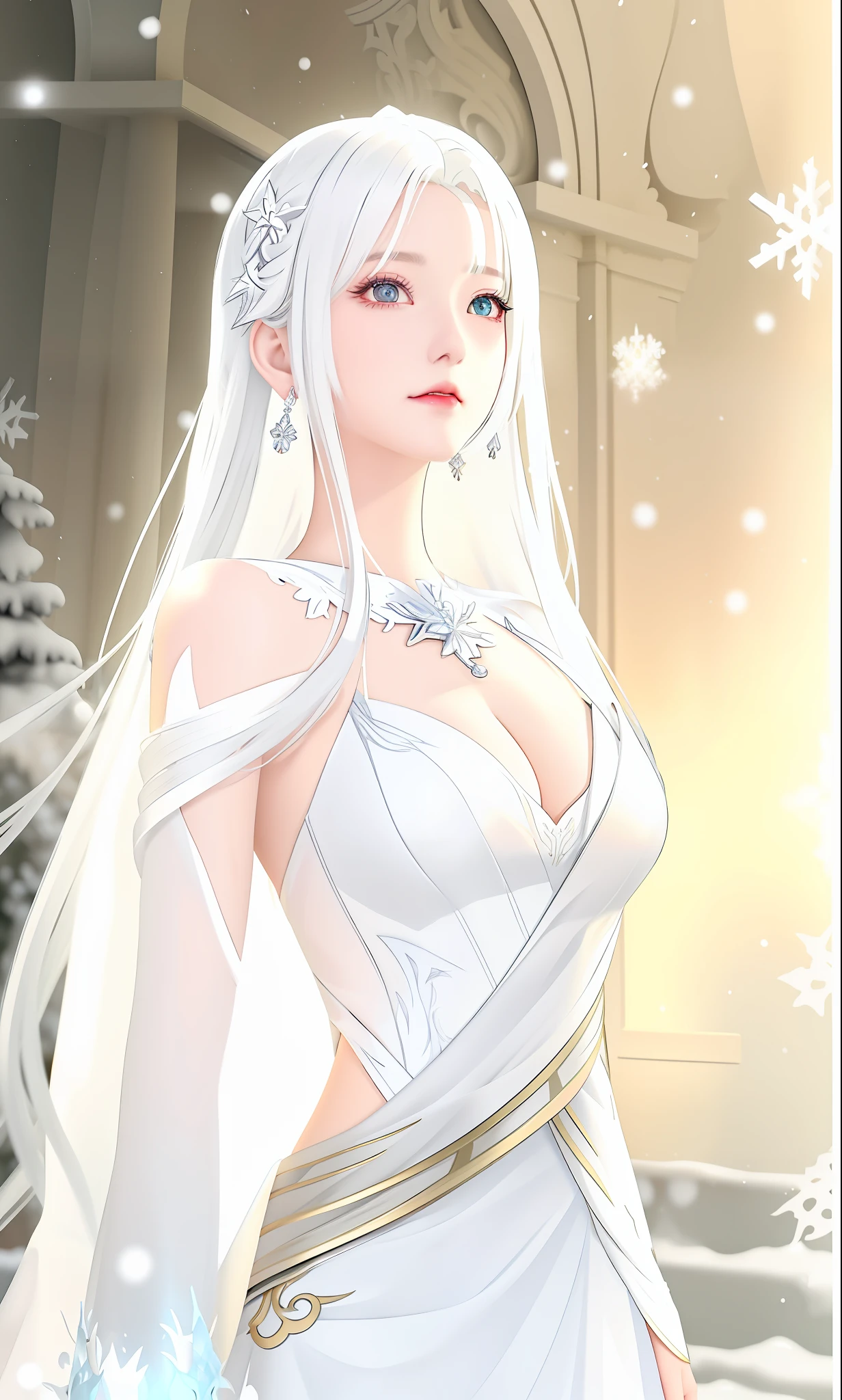 a close up of a woman in a white dress with a snow covered background, white haired deity, ((a beautiful fantasy empress)), perfect white haired girl, anime barbie in white, anime goddess, beautiful anime woman, goddess of winter, winter princess, white haired, white dress!! of silver hair, beautiful alluring anime woman, with long white hair, white haired lady