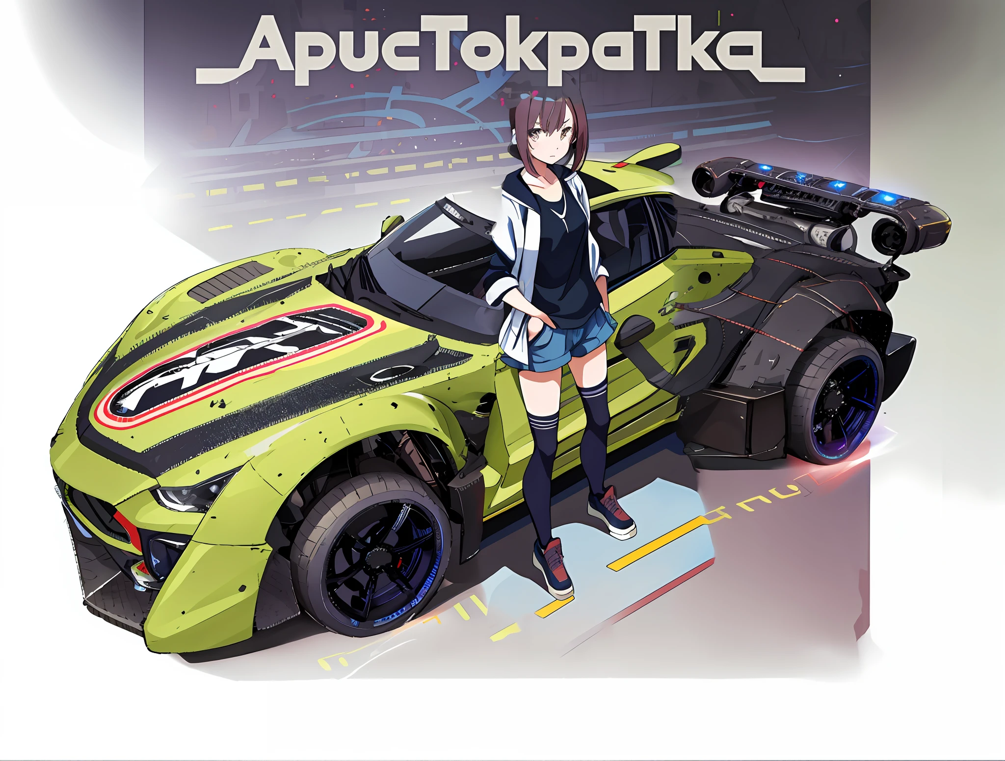 Anime girl standing next to the car, not tall, leaning on the door