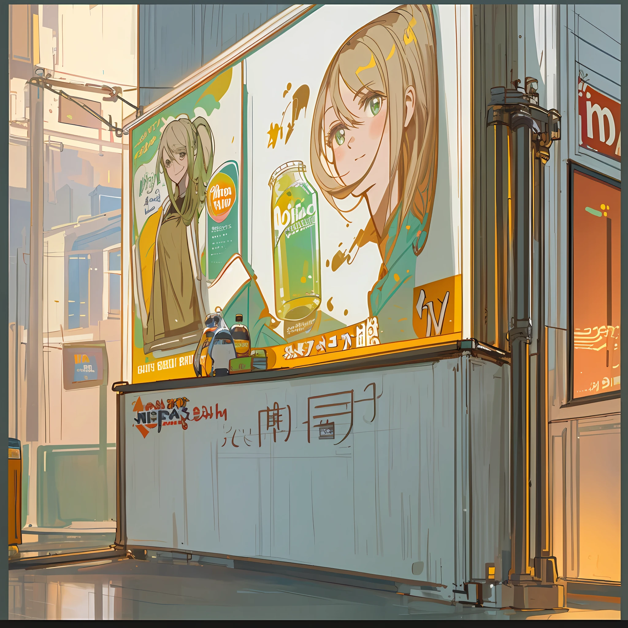 (masterpiece), (best quality), (best detail), appears a very beautiful model with cheerful posture advertising a soft drink on an advertising poster, stage background an office wall (bright white wall), at night, artificial light, busy and quiet atmosphere