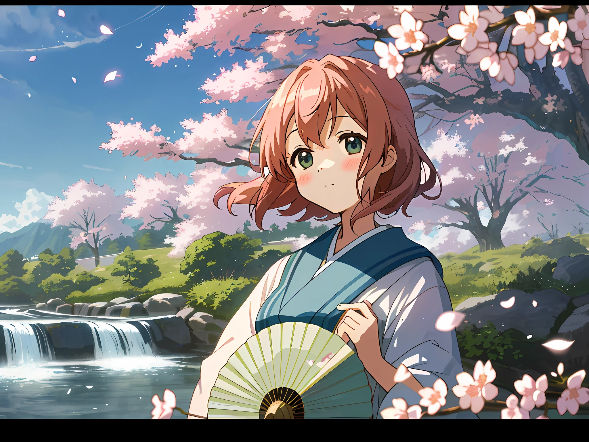 "Kyoto Animation" style anime illustrations, best quality, (cute: 1.1), 8K, (high resolution: 1.2), incredibly ridiculous: 1.3, incredibly fine illustrations, cute girls, top quality, absurdity, high resolution, official art, (cute: 1.8), ( Chibi Characters: 1.5), (masterpiece, pretty face), big eyes, serene landscape with a beautiful cherry blossom tree in full bloom, ((1 girl, character standing underneath tree)),yukata, holding a traditional fan, detailed background, peaceful river , gentle waterfall, birds chirping, petals gently falling from the tree. aesthetic, tranquil and calming, soft and pastel colors, beautiful and soothing, Solo, 1 beautiful girl, (cute: 1.8)