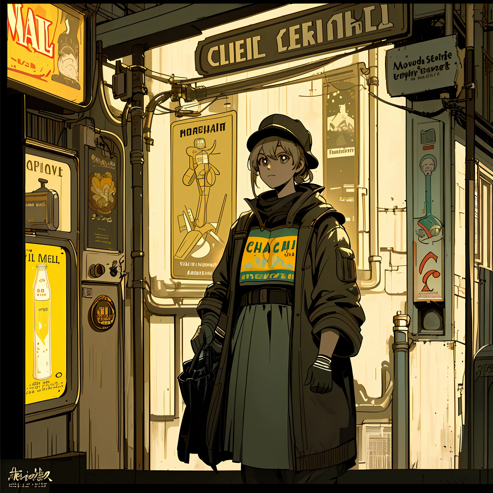 (masterpiece), (best quality), (best detail), appears a very beautiful model with cheerful posture announcing a soft drink on an advertising poster, futuristic scenery of a dirty and old alley, at night, artificial light, clean, busy environment, shaded (detailed, much contrast)