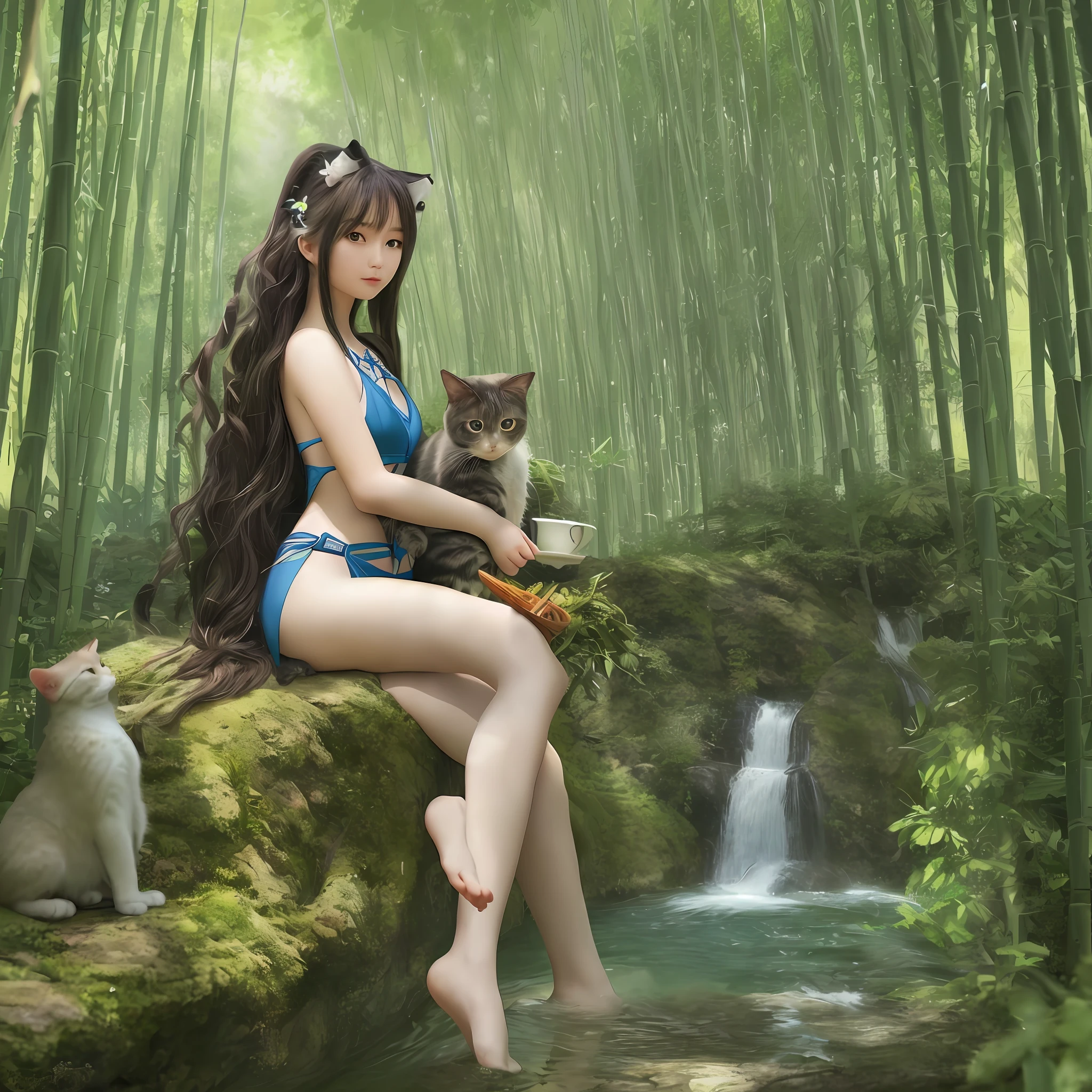 masterpiece, top quality, 8k wallpaper, highly detailed illustrations, single cat, azure hair, long hair, detailed eyes, forest, bare shoulders, han clothes, lake, pure, soft smile, bamboo, tea